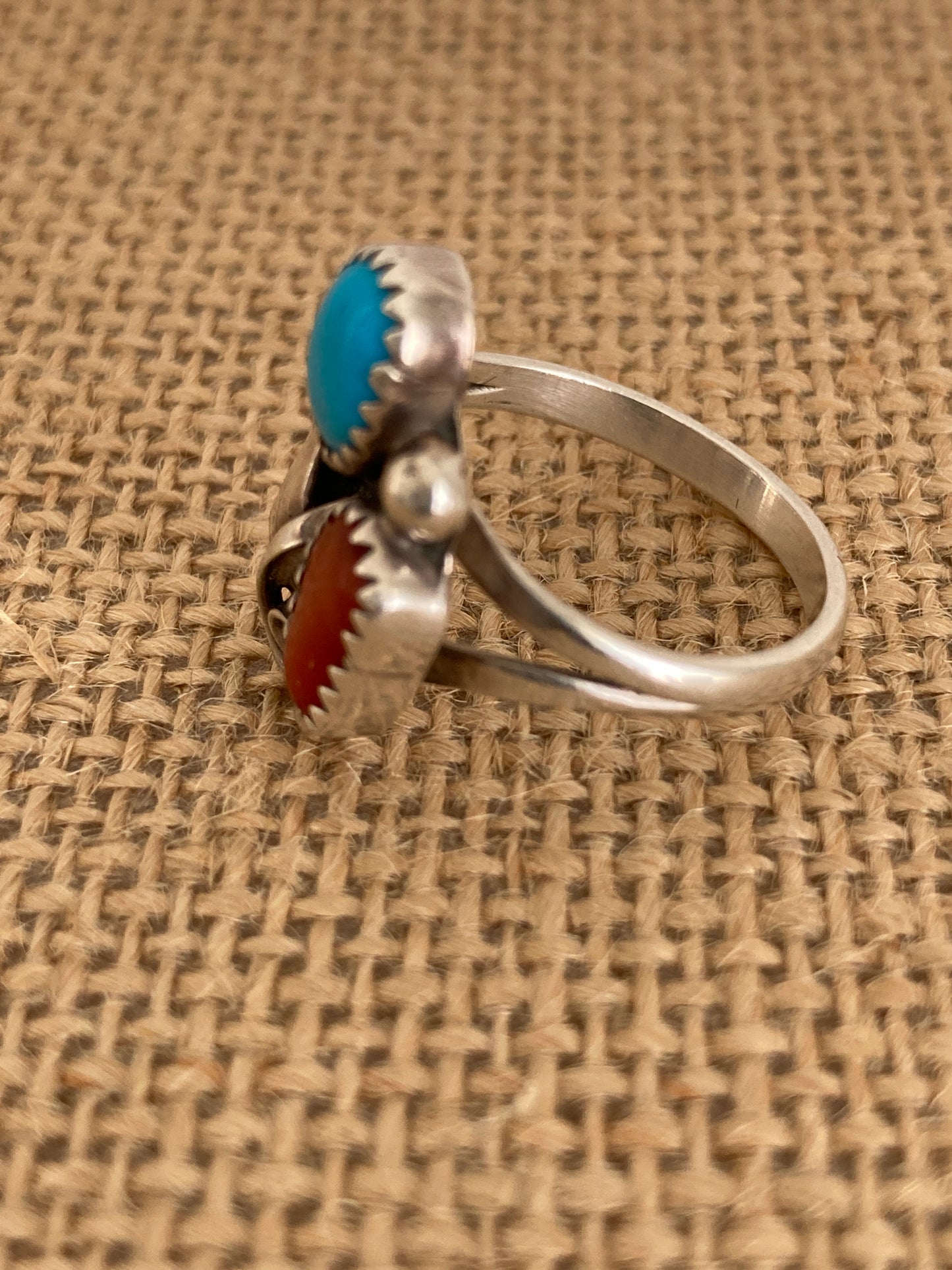 Navajo Style Turquoise and Coral Silver Ring Size 9