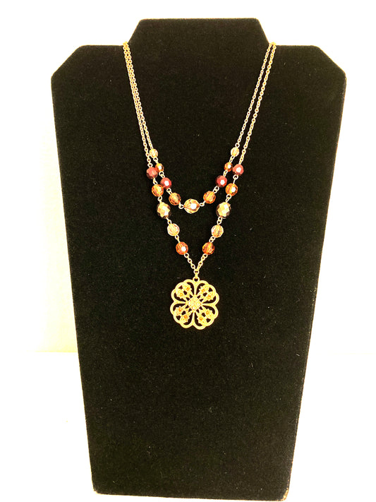 Double Layer Necklace Brown Beads Gold Tone Pendant & Chain