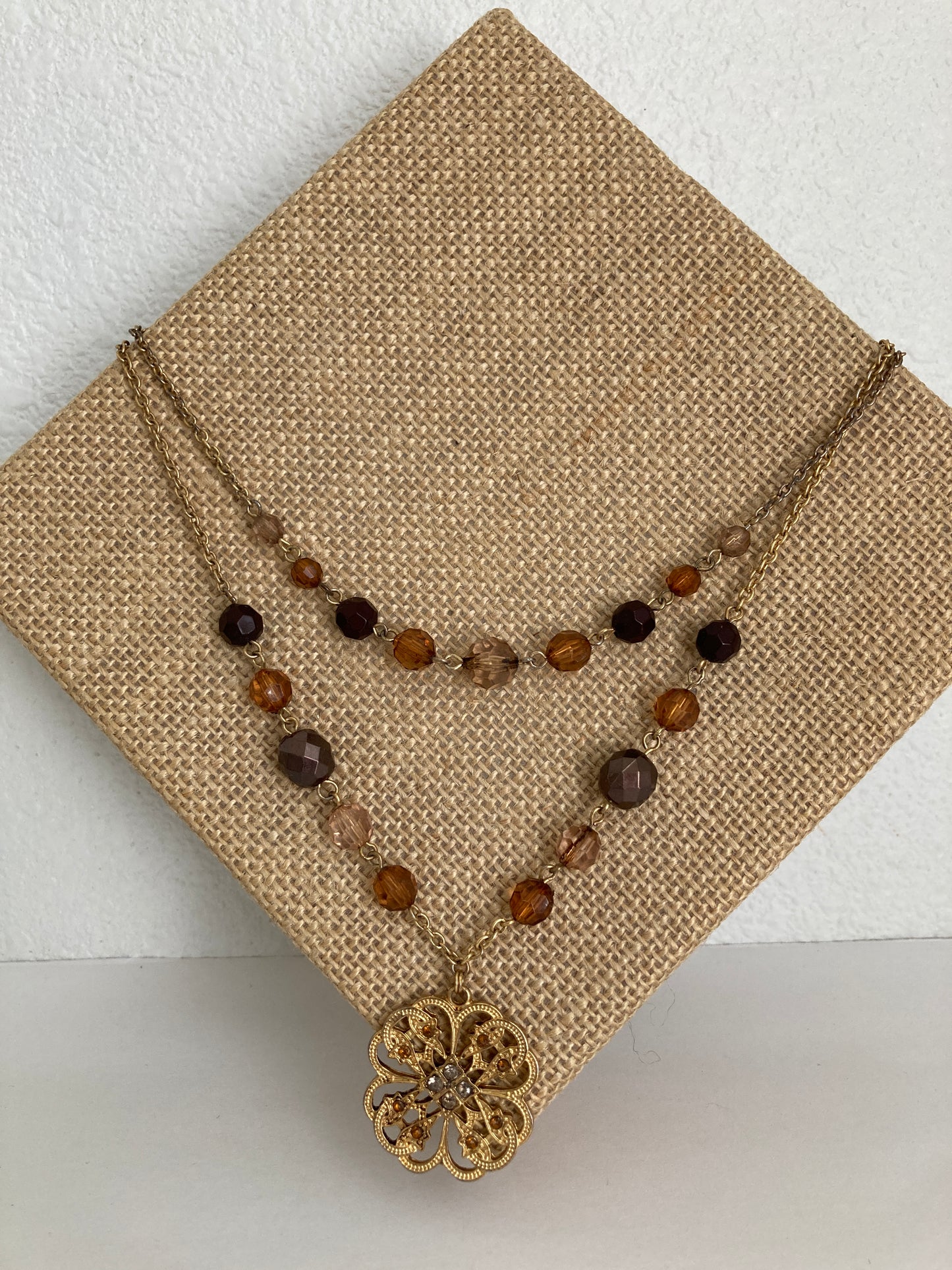 Double Layer Necklace Brown Beads Gold Tone Pendant & Chain