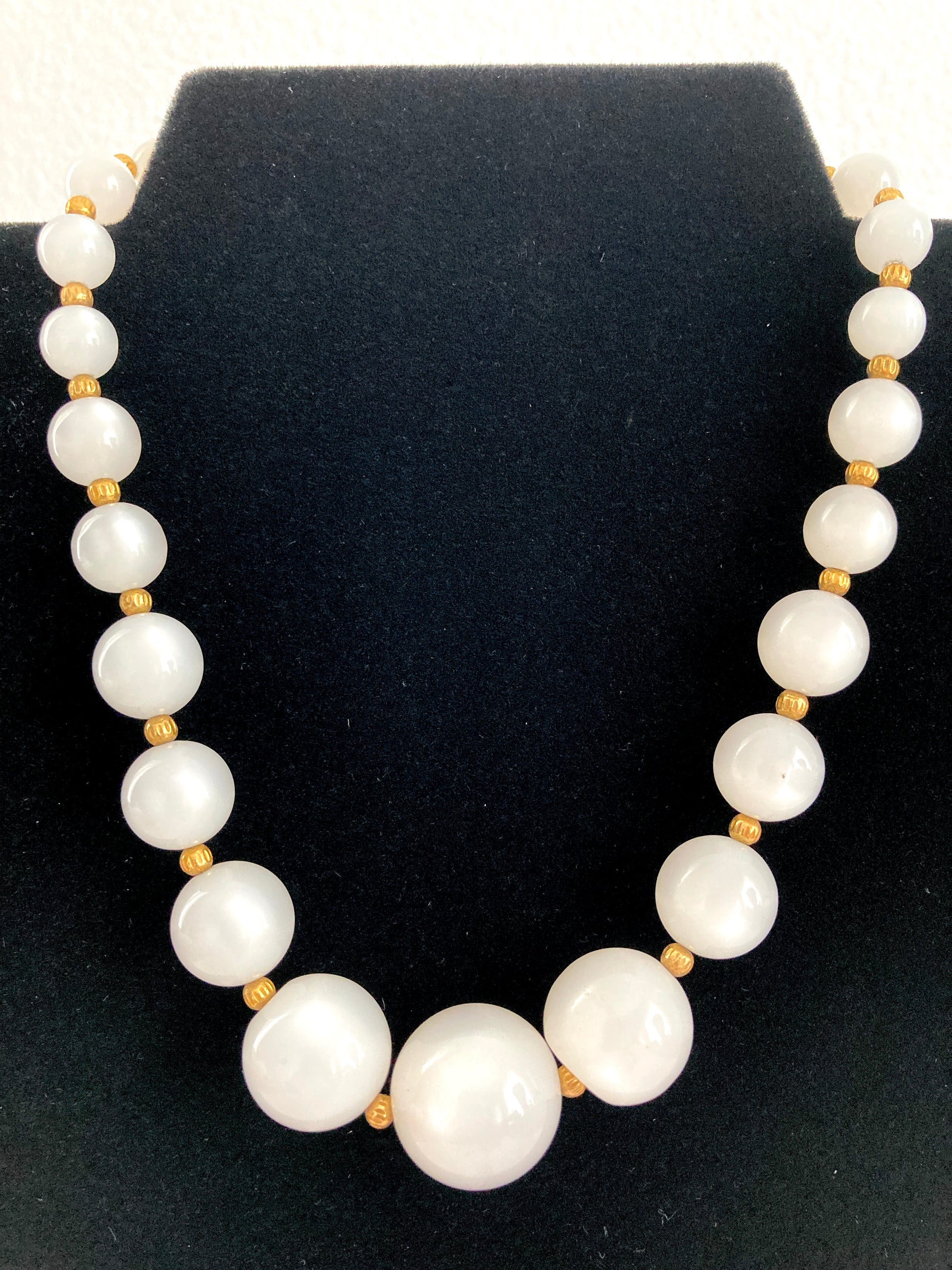 White Moonglow Graduated Bead Necklace Gold Spacers