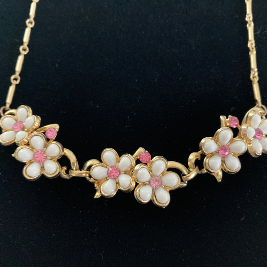 Vintage Coro Pink and White Flowered Choker Necklace