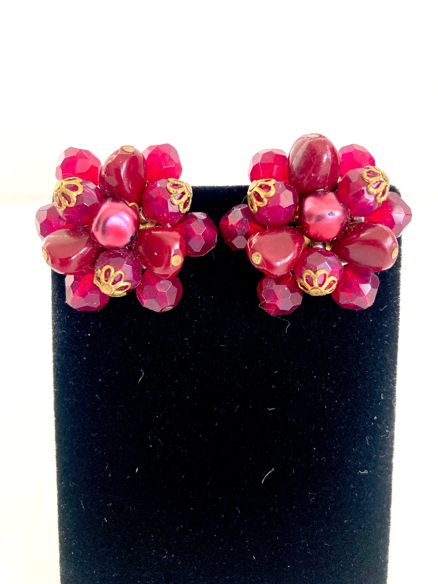 Vintage Cluster Earrings Pomegranate Red Clip Ons