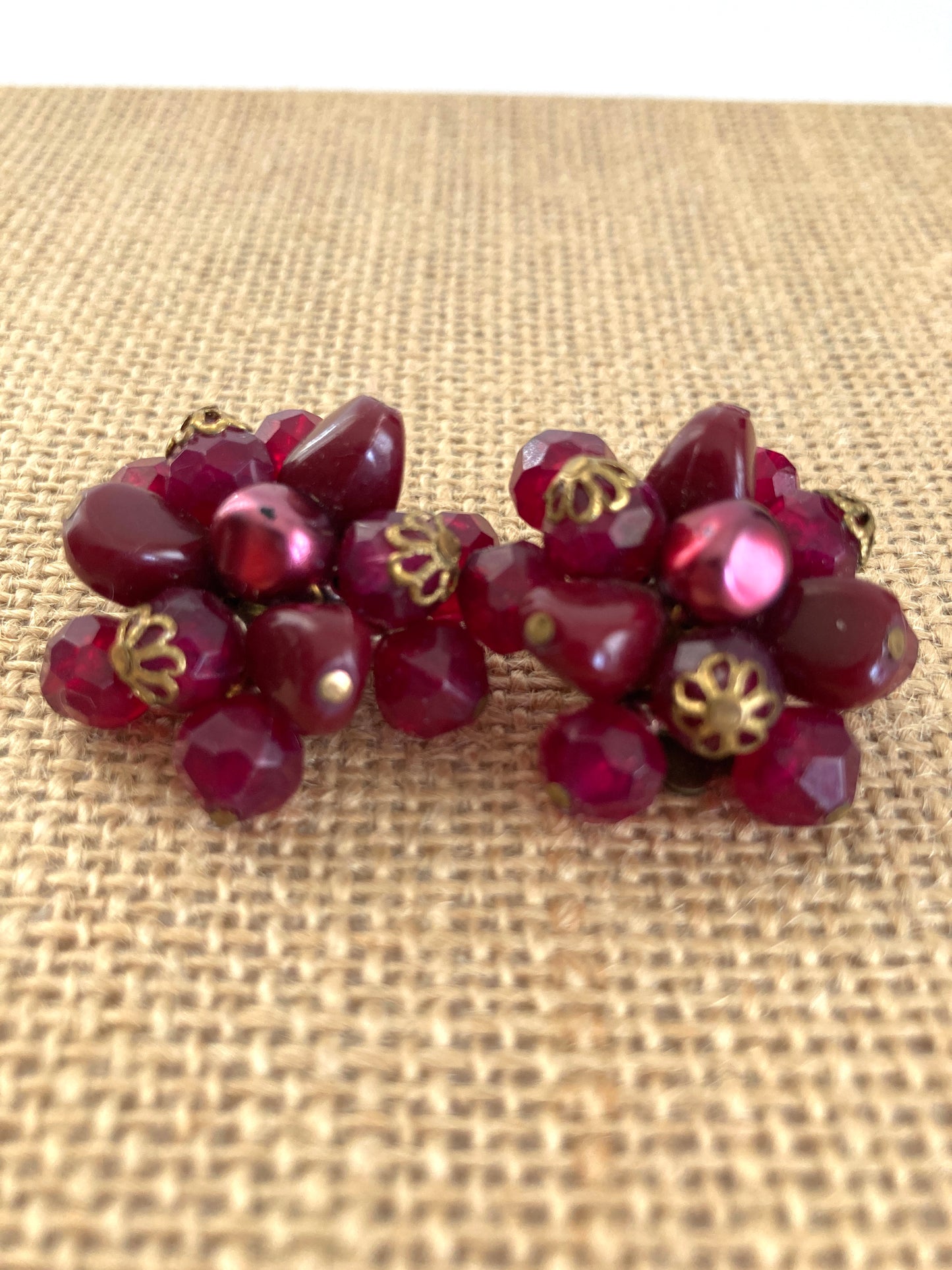 Vintage Cluster Earrings Pomegranate Red Clip Ons
