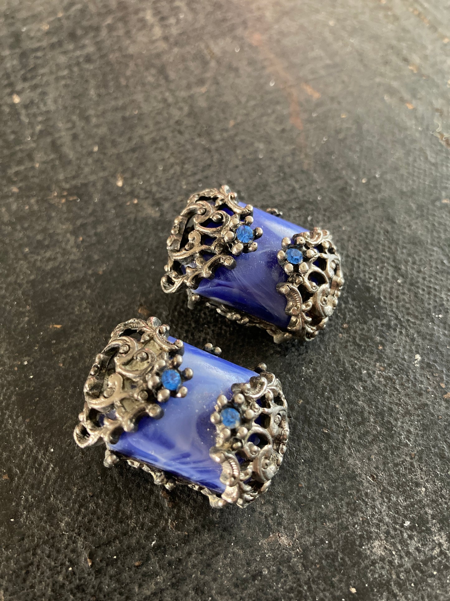 Marbled Blue and Pewter Chunky Earrings