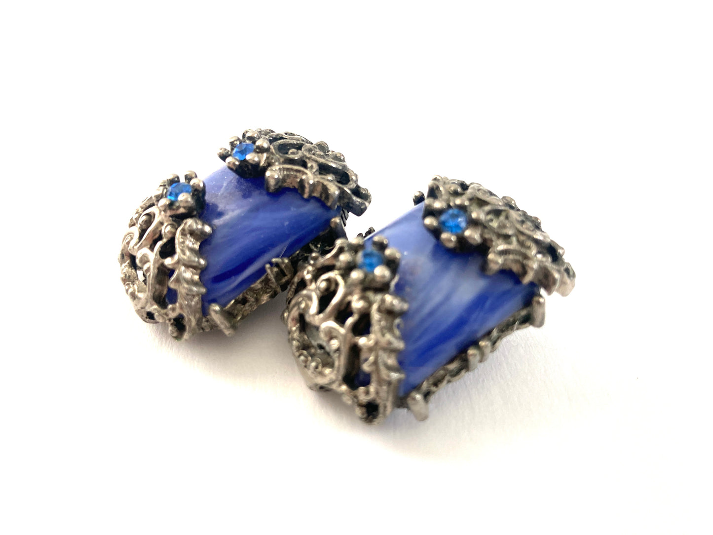 Marbled Blue and Pewter Chunky Earrings