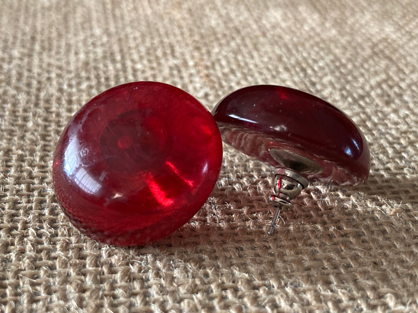 Cherry Red Lucite Button Earrings