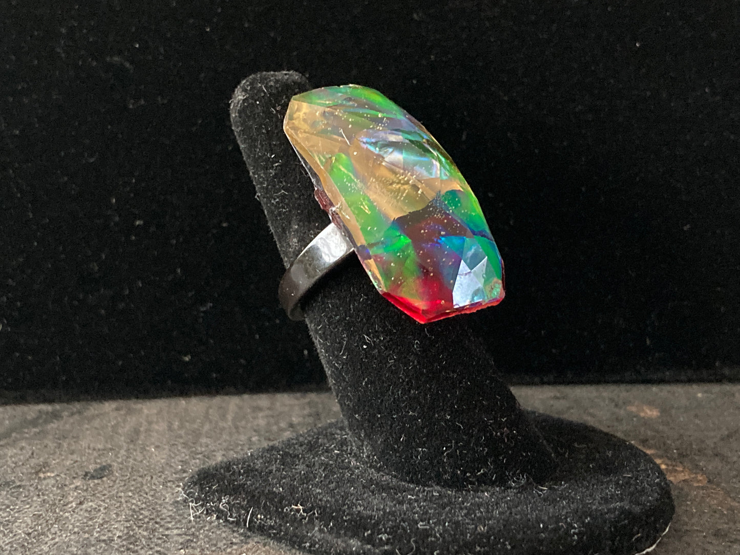 Large Dichroic Resin Cocktail Ring Green, Orange, Yellow, Red