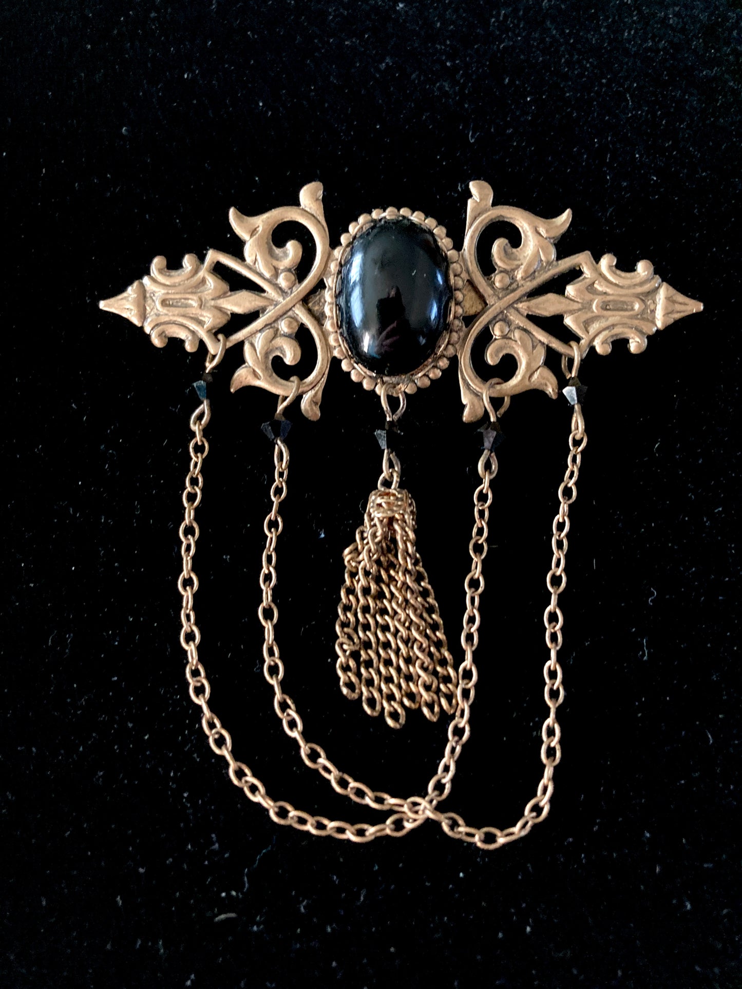 Stamped Brass Brooch w/Tassel & Chains