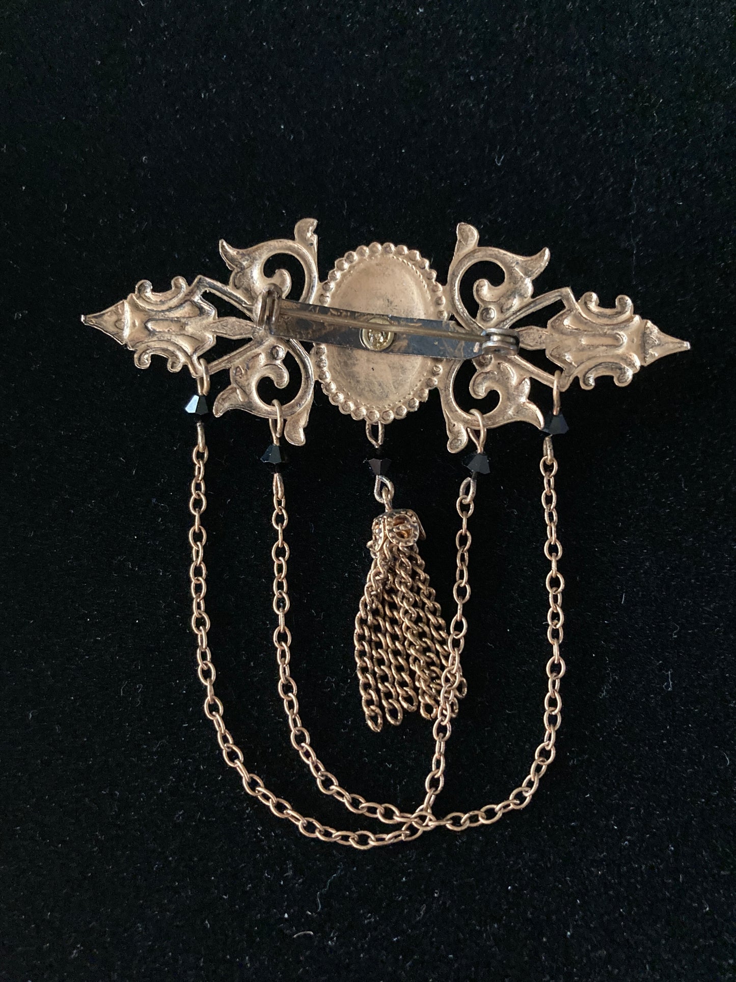 Stamped Brass Brooch w/Tassel & Chains