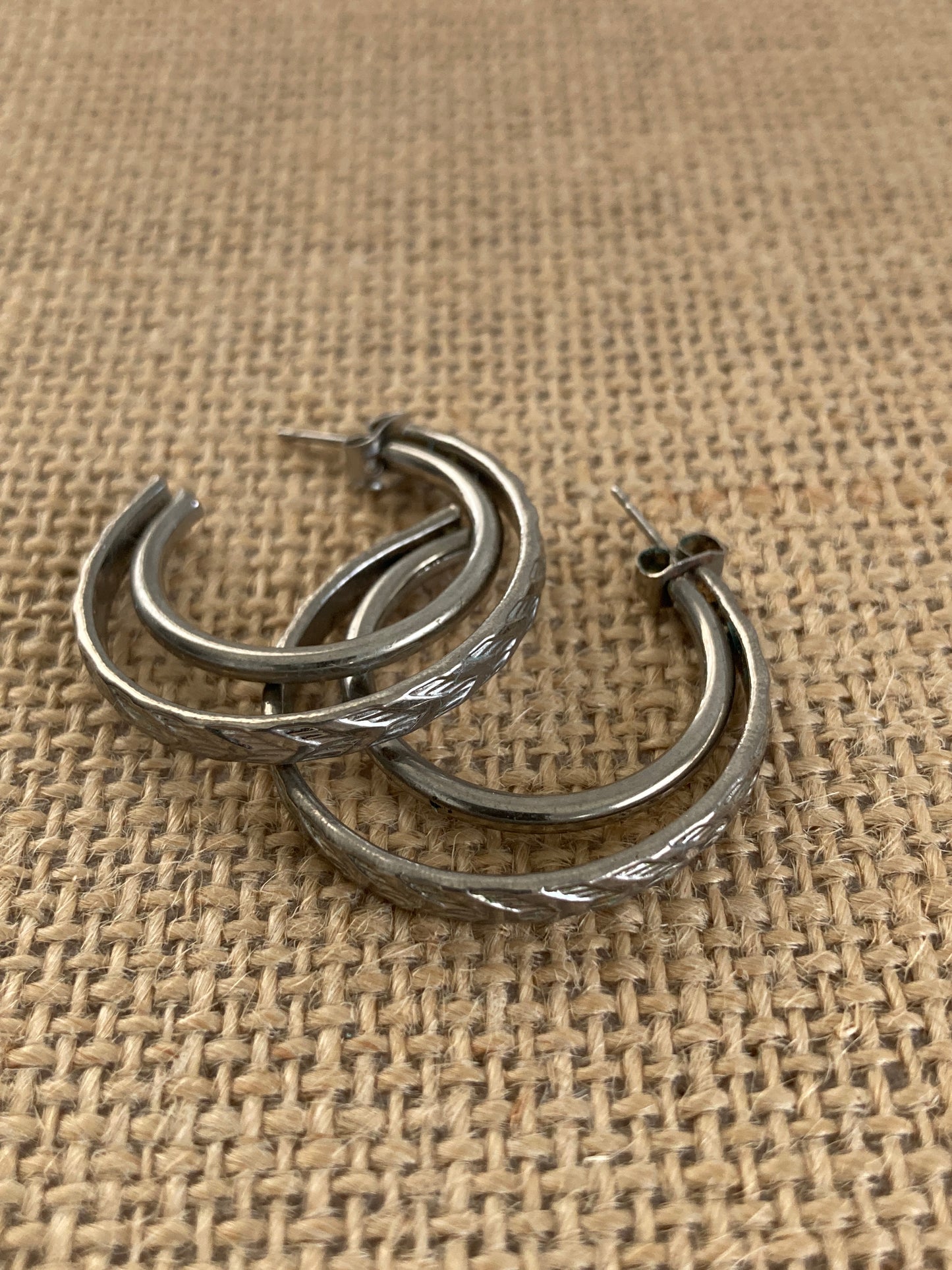 Chevron Patterned Silver-tone Double Hoop Pierced Earrings