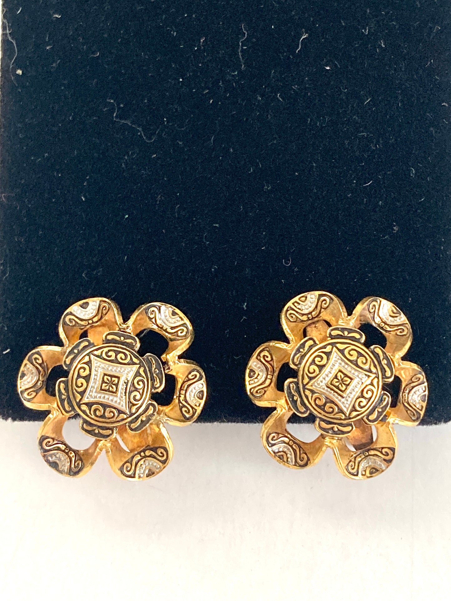 Vintage Damascene Flower Earrings Toledo Spain Clip-ons