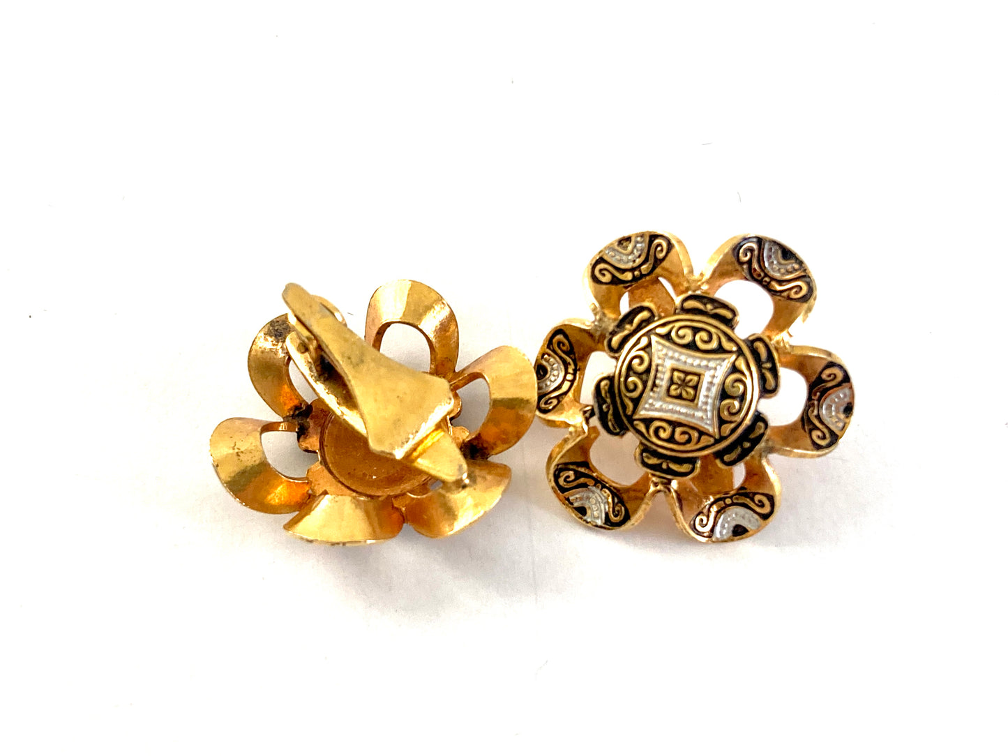 Vintage Damascene Flower Earrings Toledo Spain Clip-ons