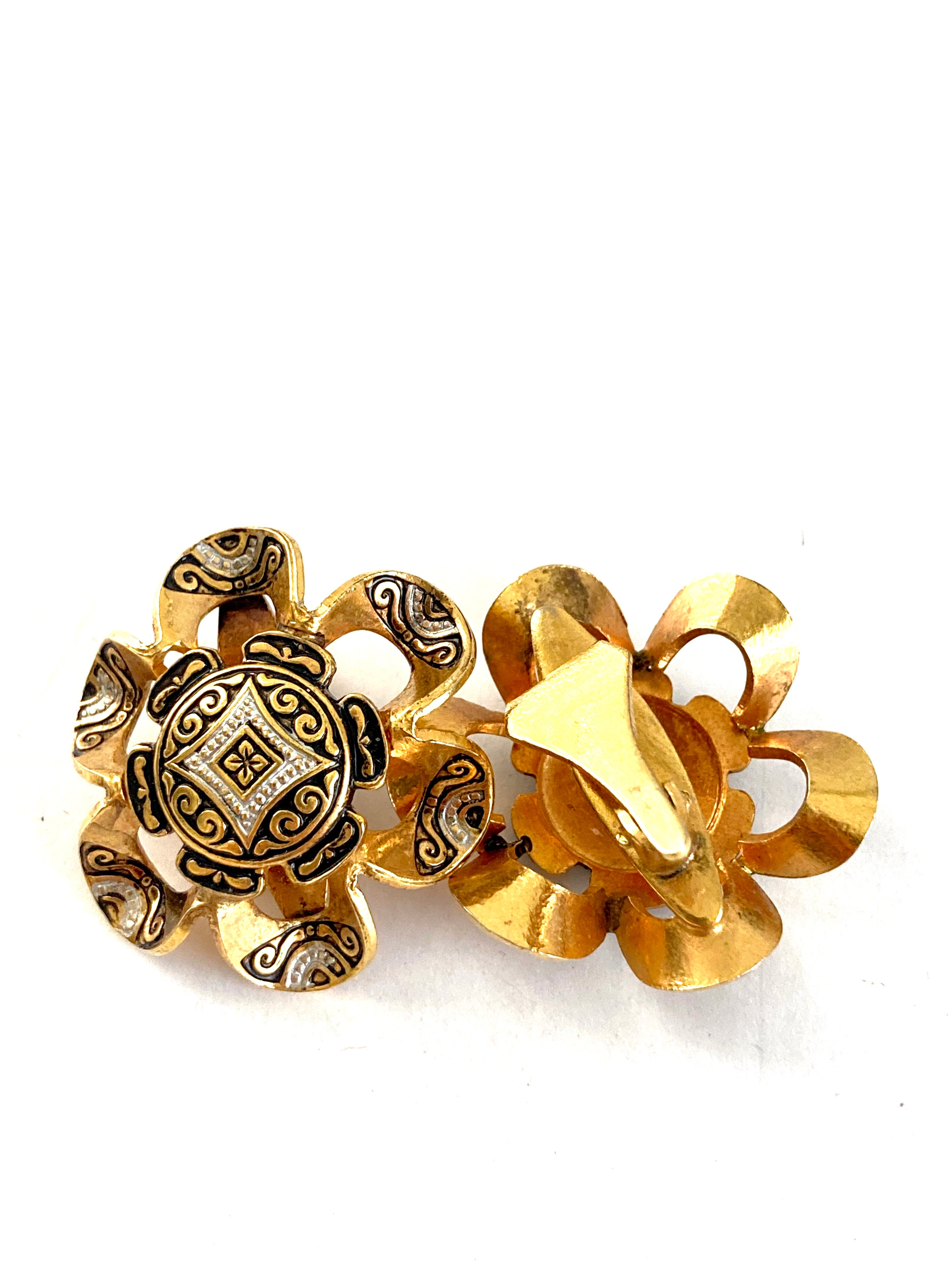 FREE SHIPPING-Vintage Stunning Spanish Damascene & Porcelain Rose Cameos Link Bracelet and high quality Clip On Earrings-1950’s Bohemian Jewelry