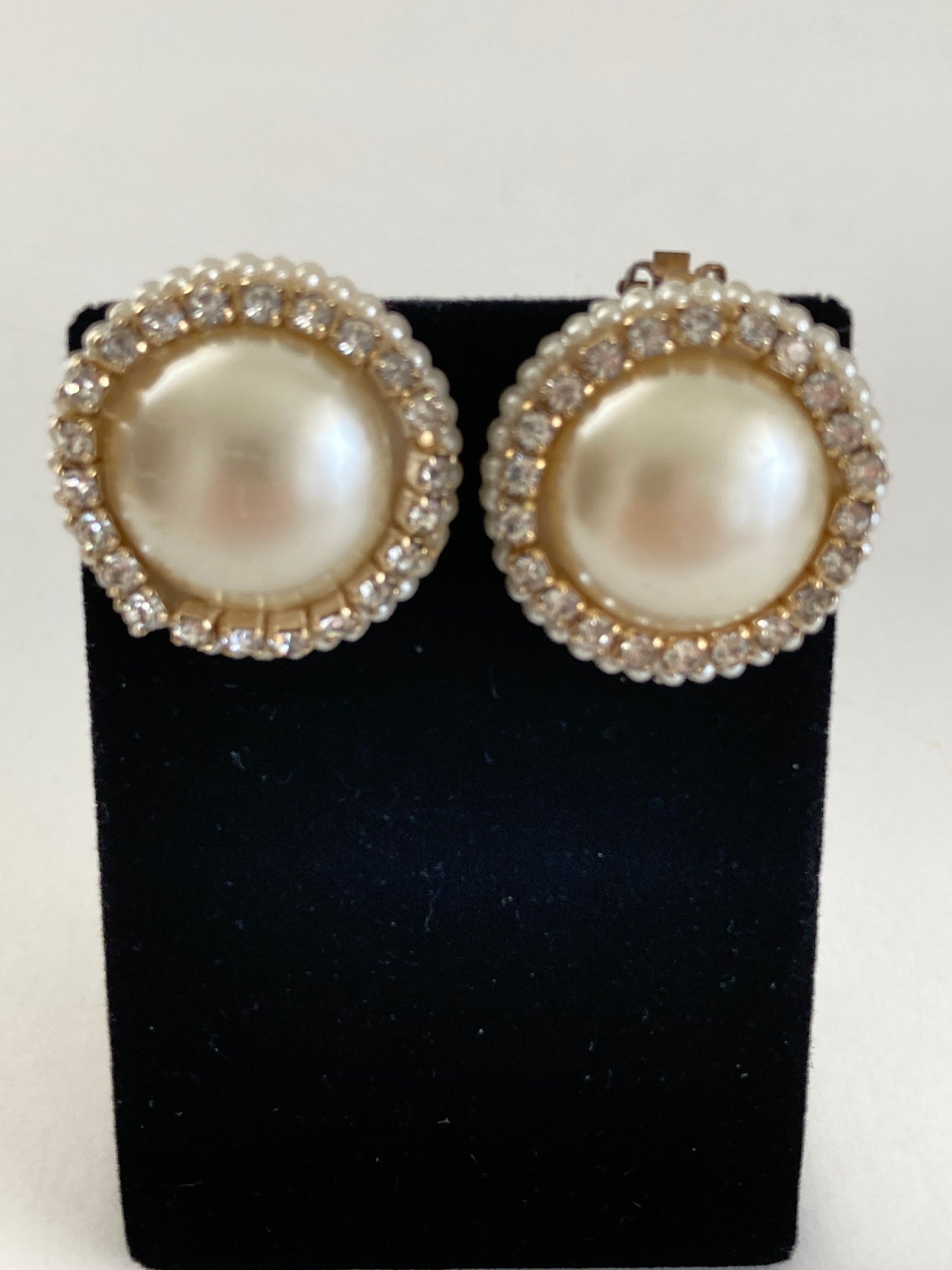 1960s Large Rhinestone and Pearl Button Earrings