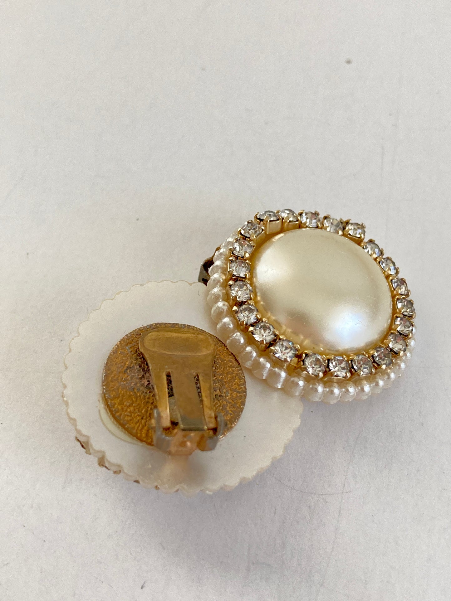 1960s Large Rhinestone and Pearl Button Earrings