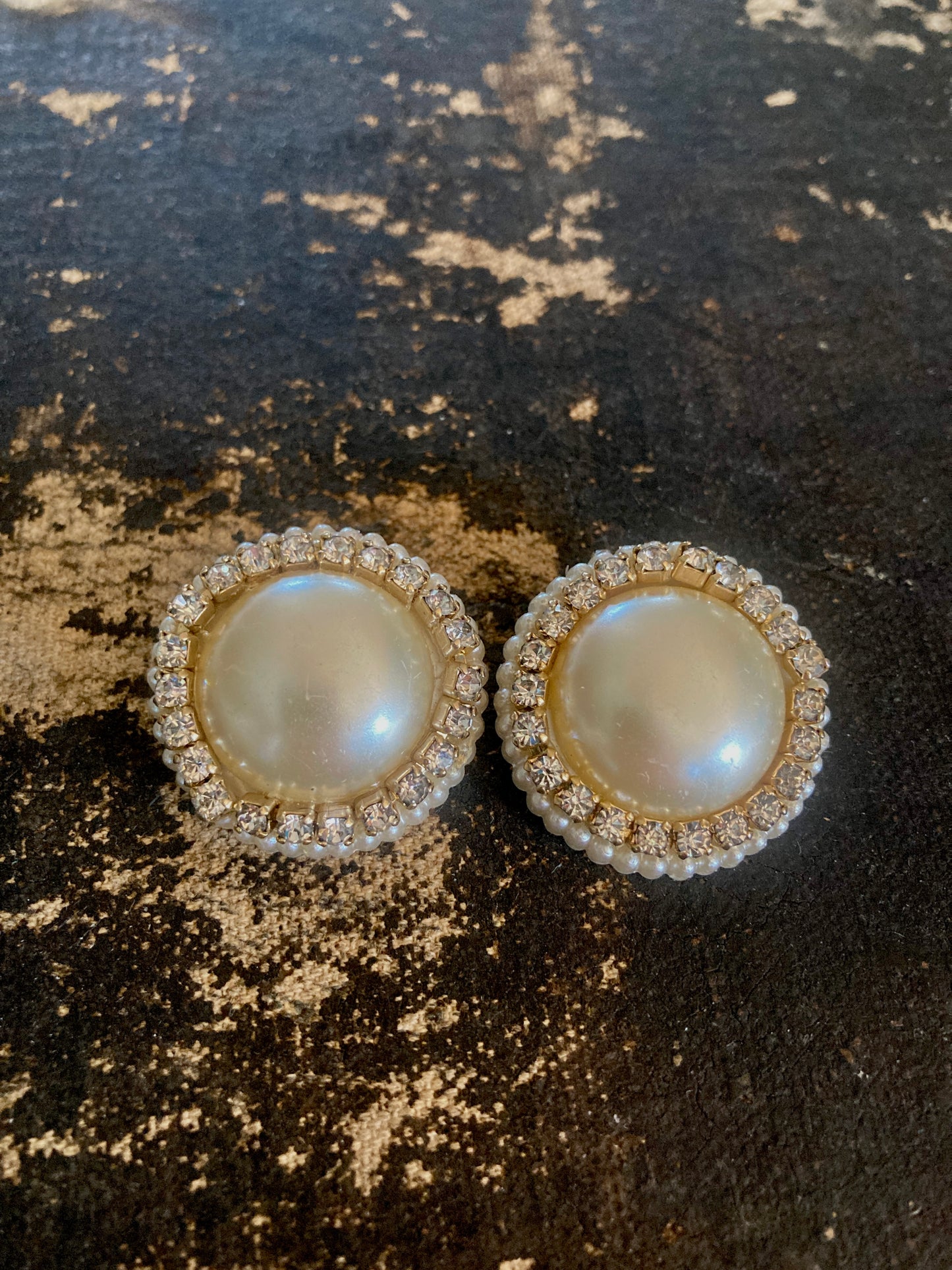 1960s Large Rhinestone and Pearl Button Earrings