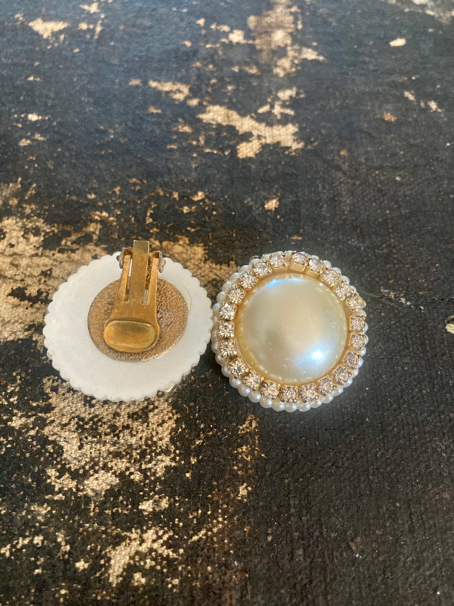 1960s Large Rhinestone and Pearl Button Earrings