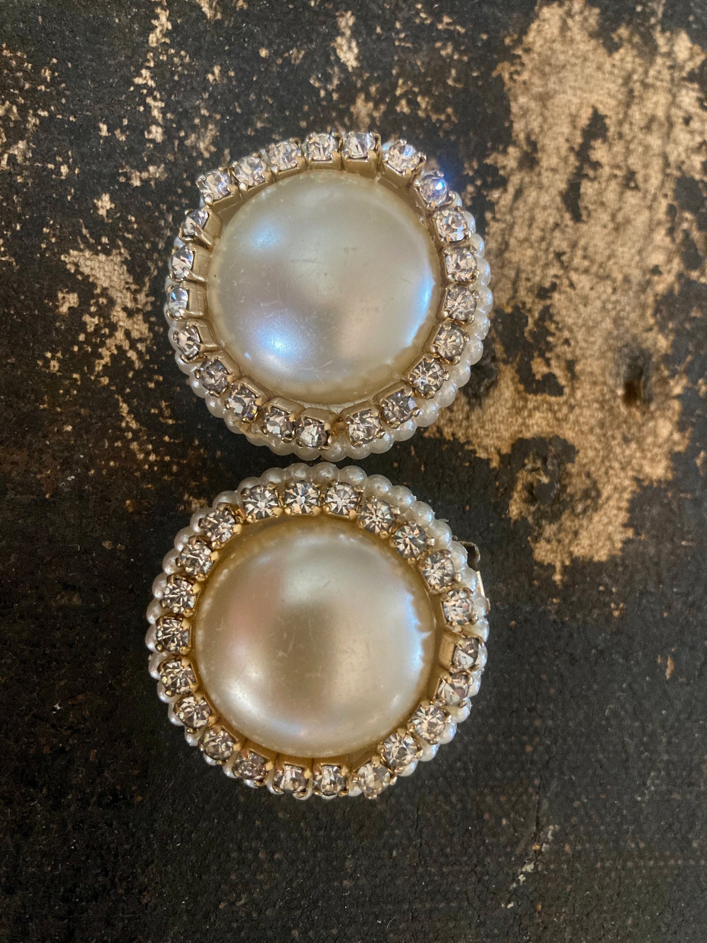 1960s Large Rhinestone and Pearl Button Earrings