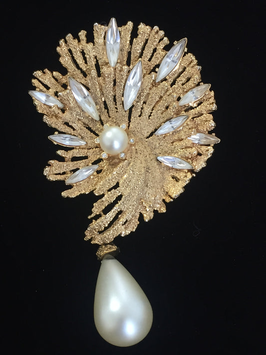Vintage gold tone crystal navette and pearl teardrop brooch
