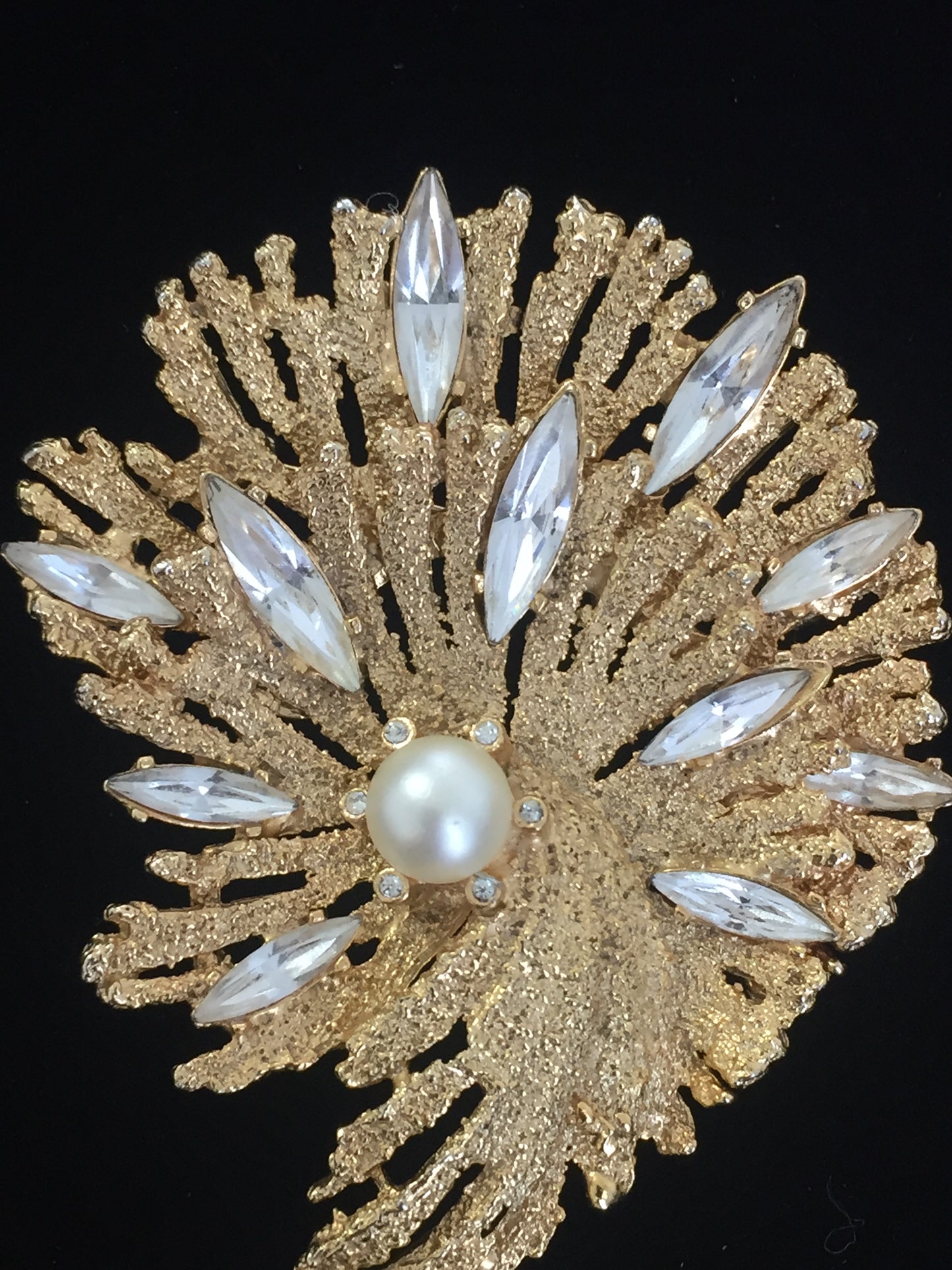 Vintage gold tone crystal navette and pearl teardrop brooch