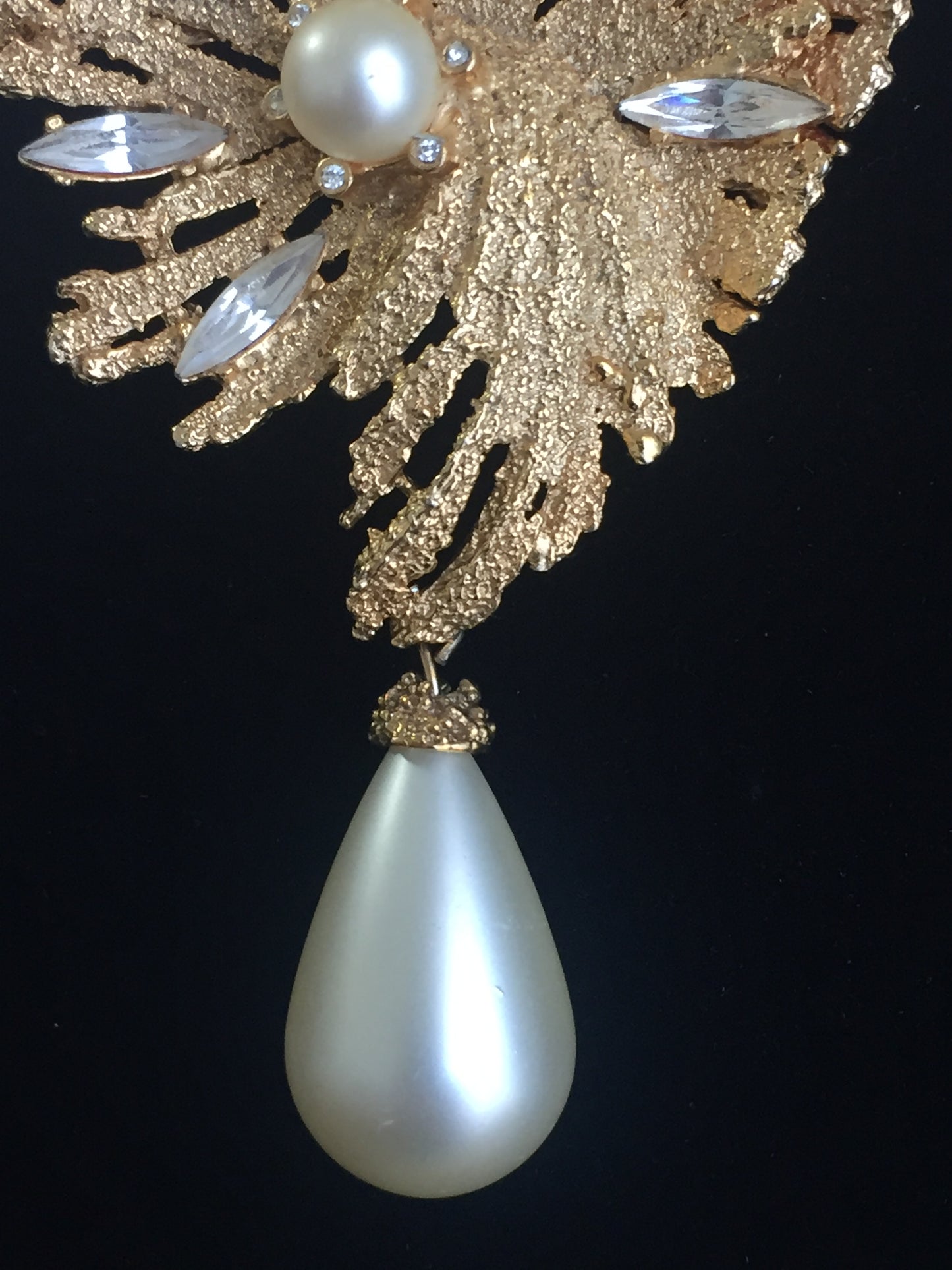 Vintage gold tone crystal navette and pearl teardrop brooch