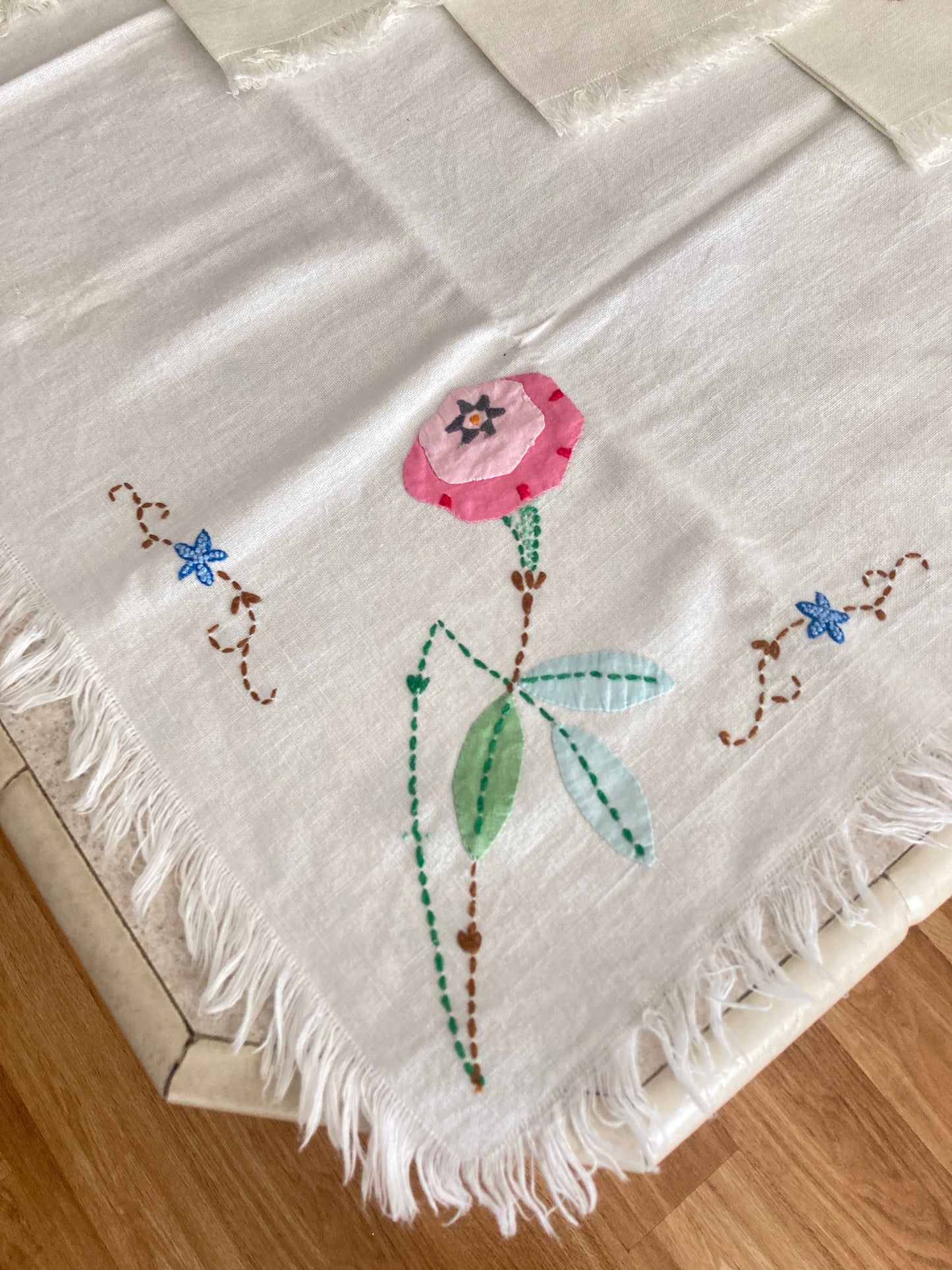 Hand Appliquéd & Embroidered Bridge Tablecloth