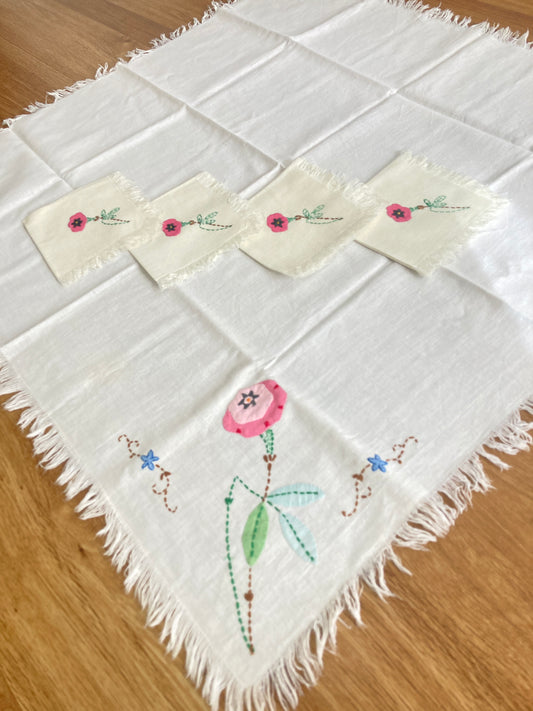 Hand Appliquéd & Embroidered Bridge Tablecloth