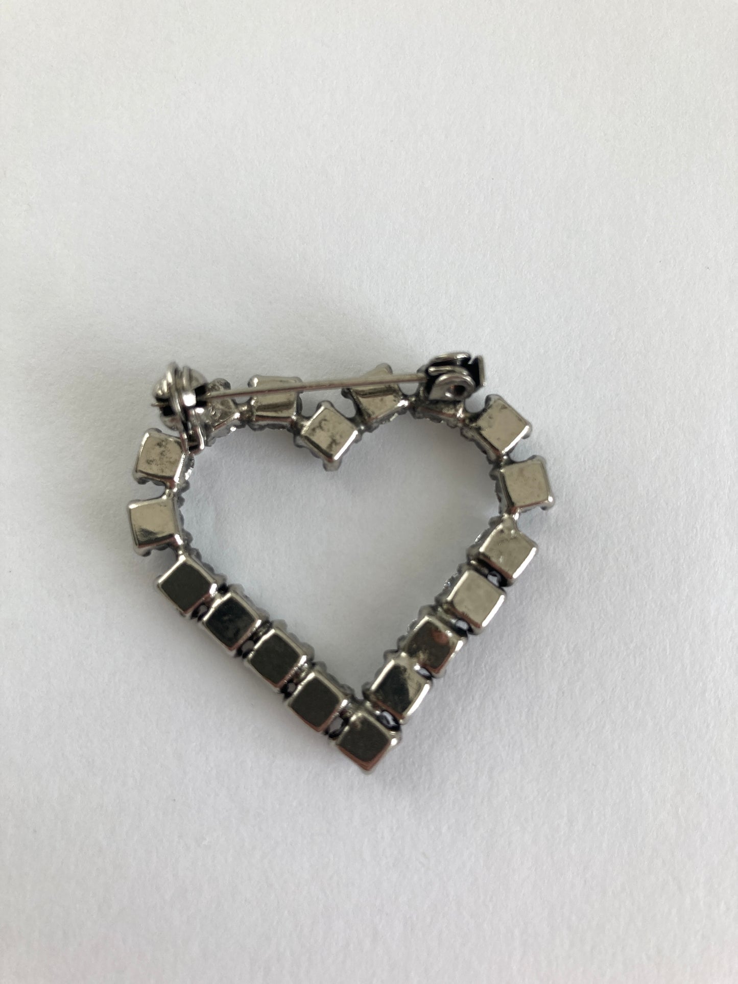 Vintage Clear Rhinestone Open Heart Brooch in Silver