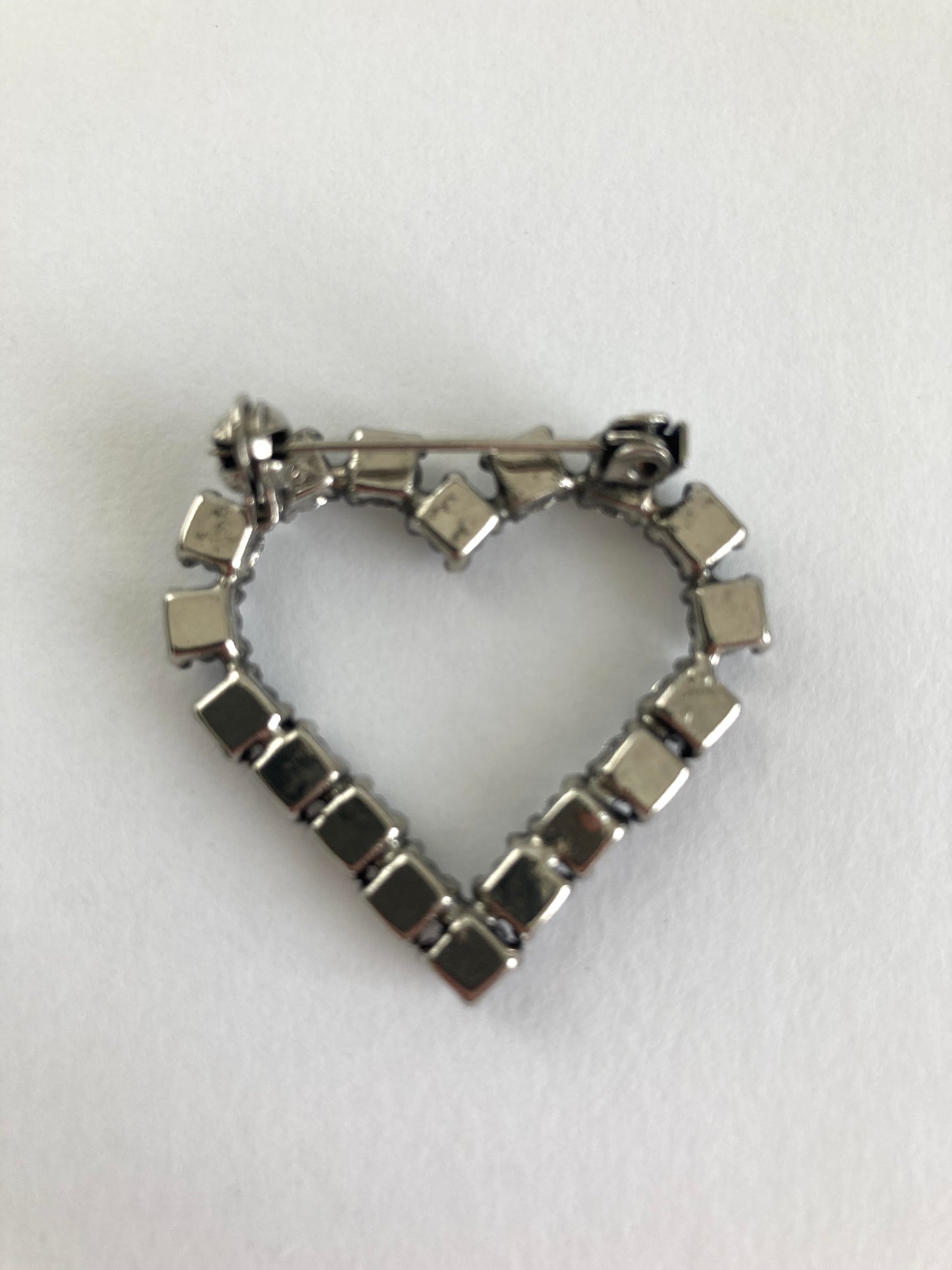 Vintage Clear Rhinestone Open Heart Brooch in Silver