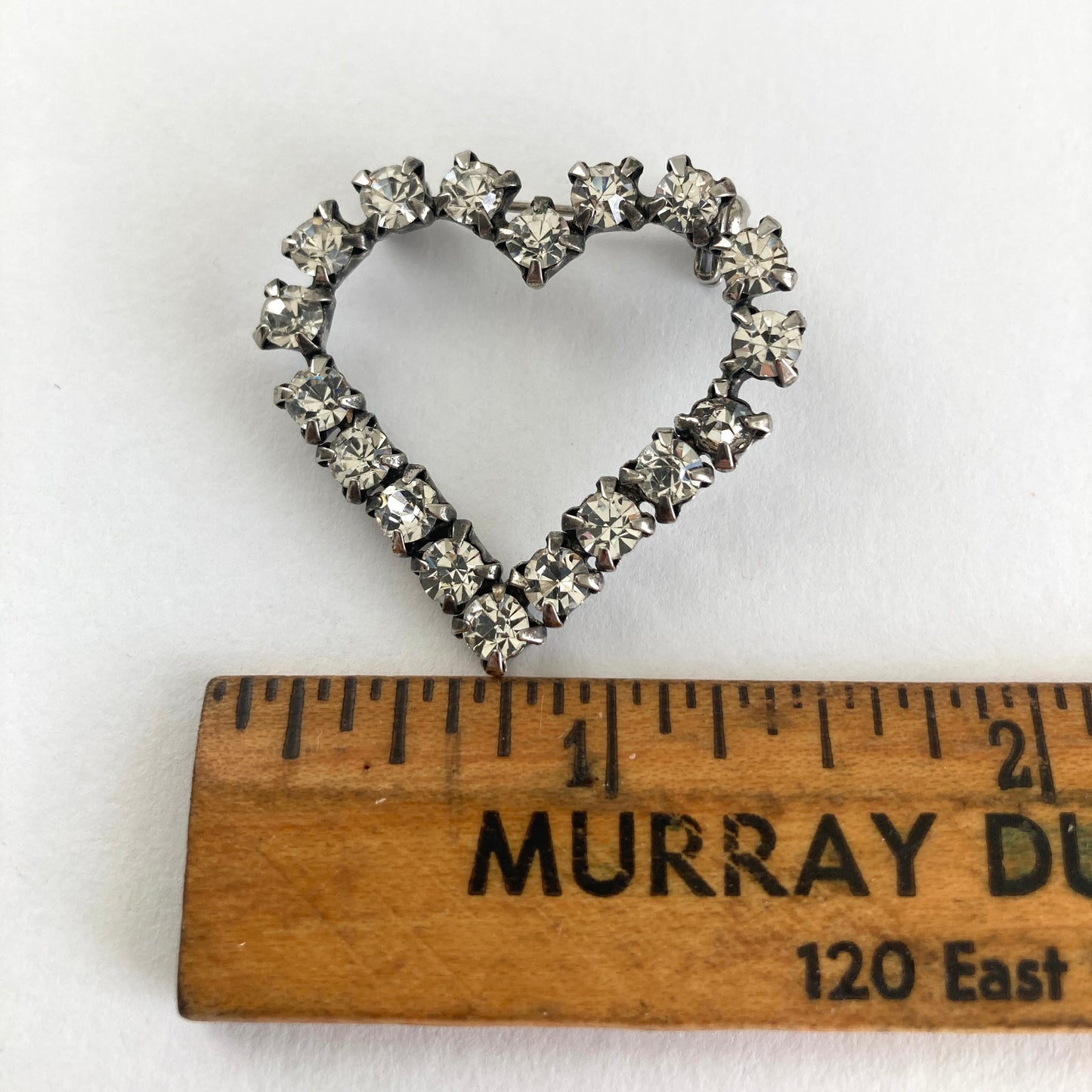 Vintage Clear Rhinestone Open Heart Brooch in Silver