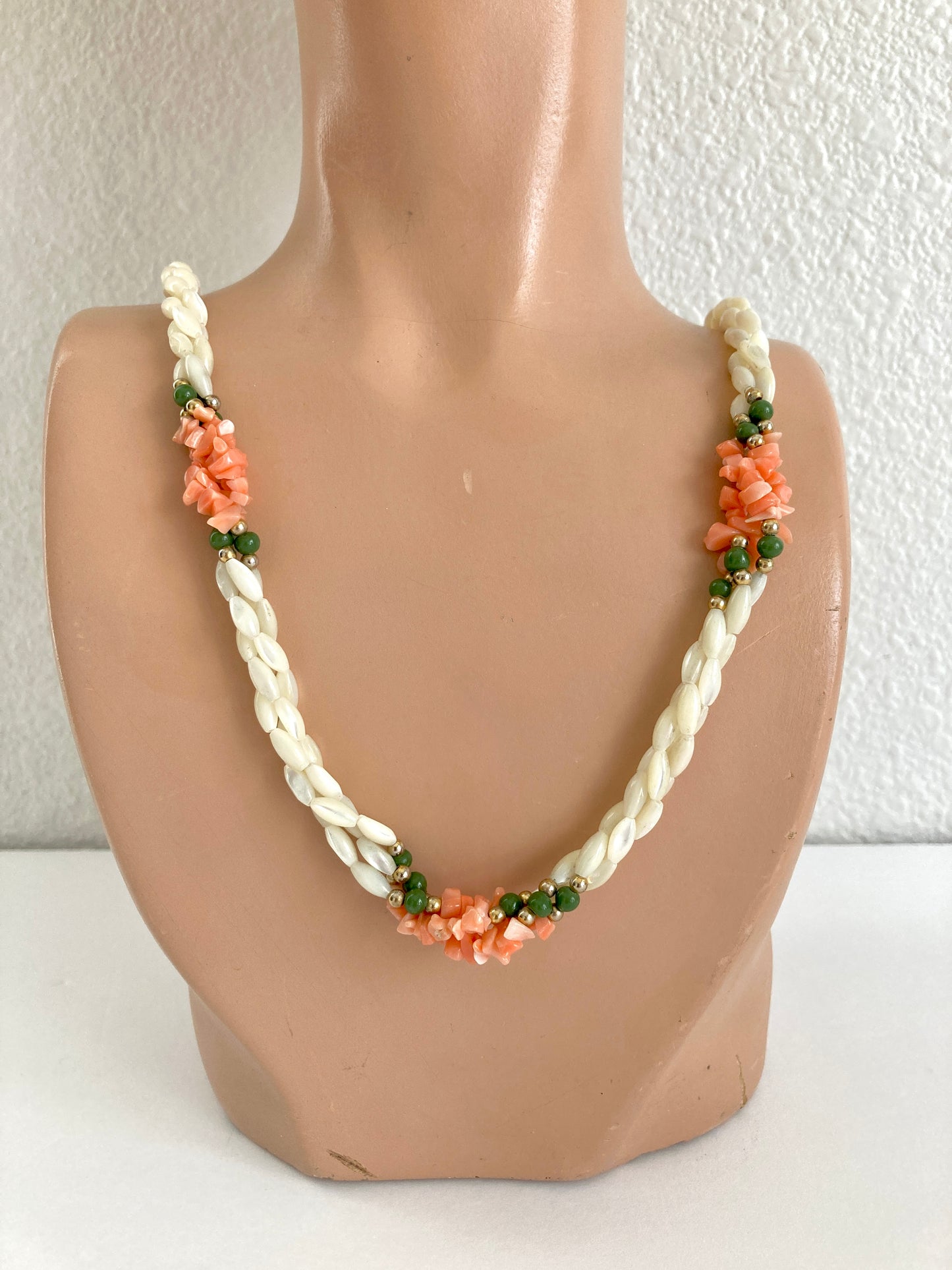 Mother of Pearl, Coral, & Jade Necklace