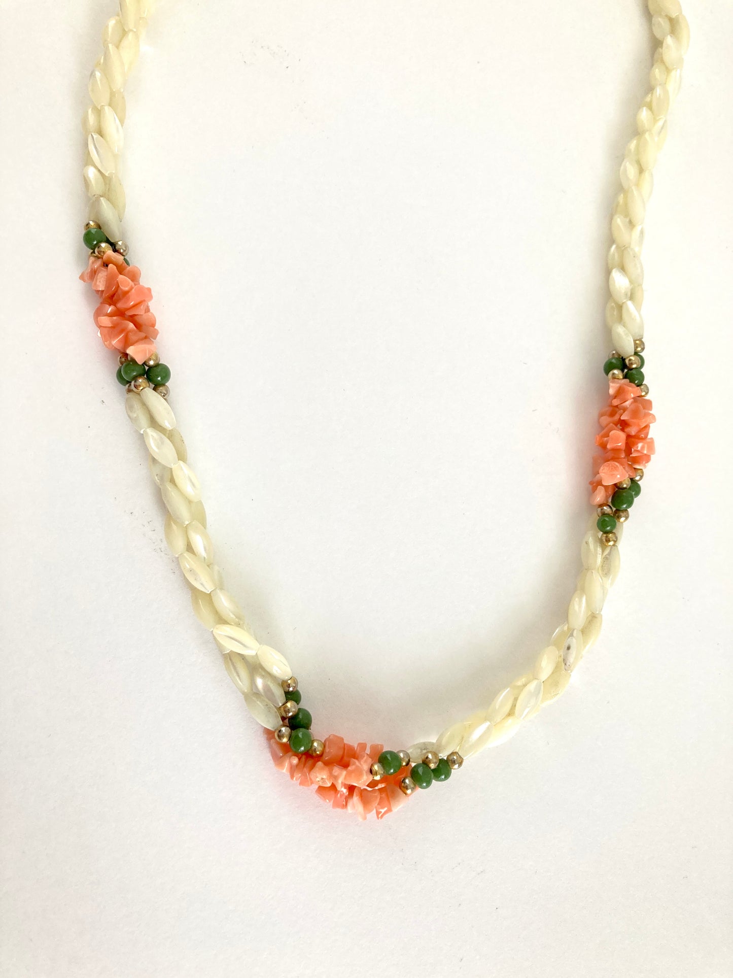 Mother of Pearl, Coral, & Jade Necklace