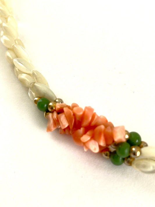 Mother of Pearl, Coral, & Jade Necklace