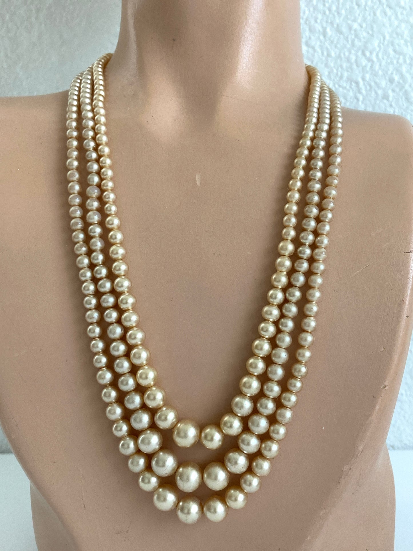 Triple Strand Graduated Glass Pearls w/ Rhinestone Clasp