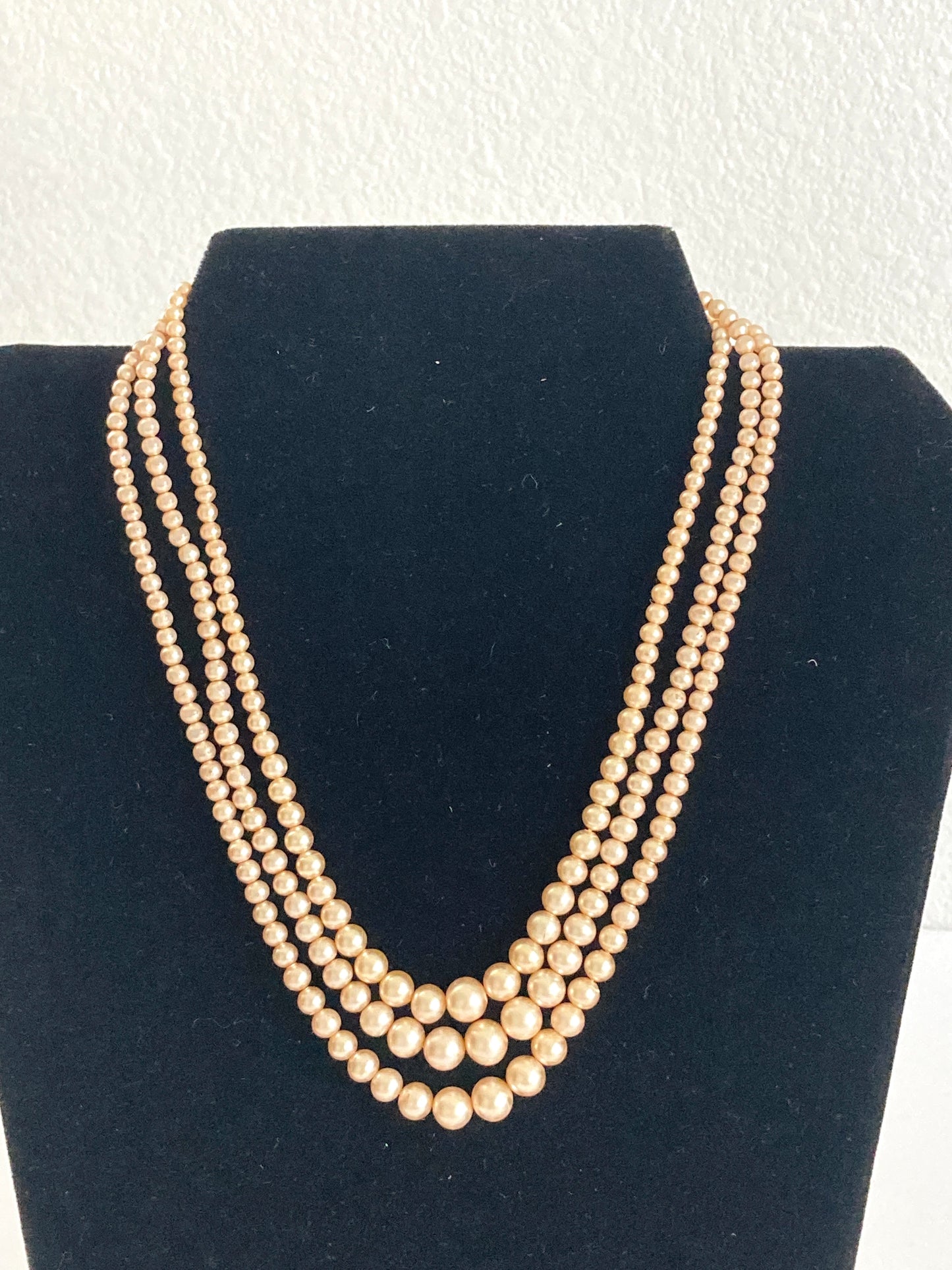 Triple Strand Graduated Glass Pearls w/ Rhinestone Clasp