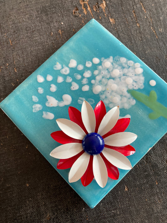 Red, White, and Blue Enamel Flower Brooch