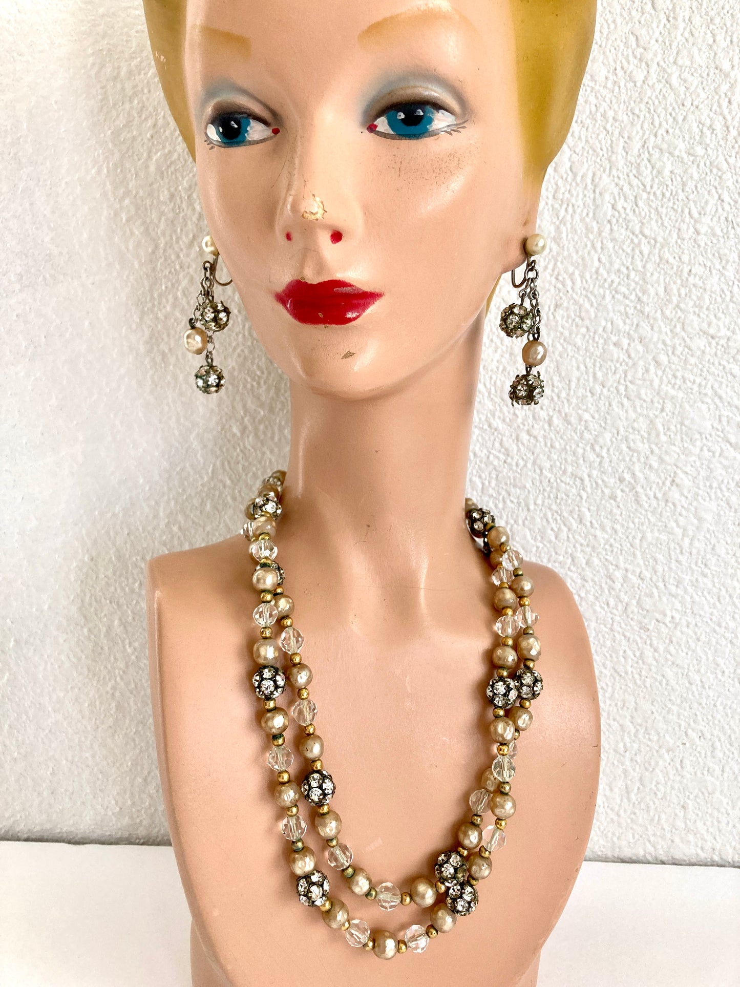 Vintage Elegant 60s Crystal, Rhinestone, & Pearl Necklace and Earrings