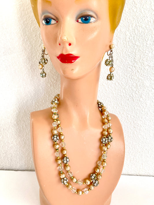 Vintage Elegant 60s Crystal, Rhinestone, & Pearl Necklace and Earrings