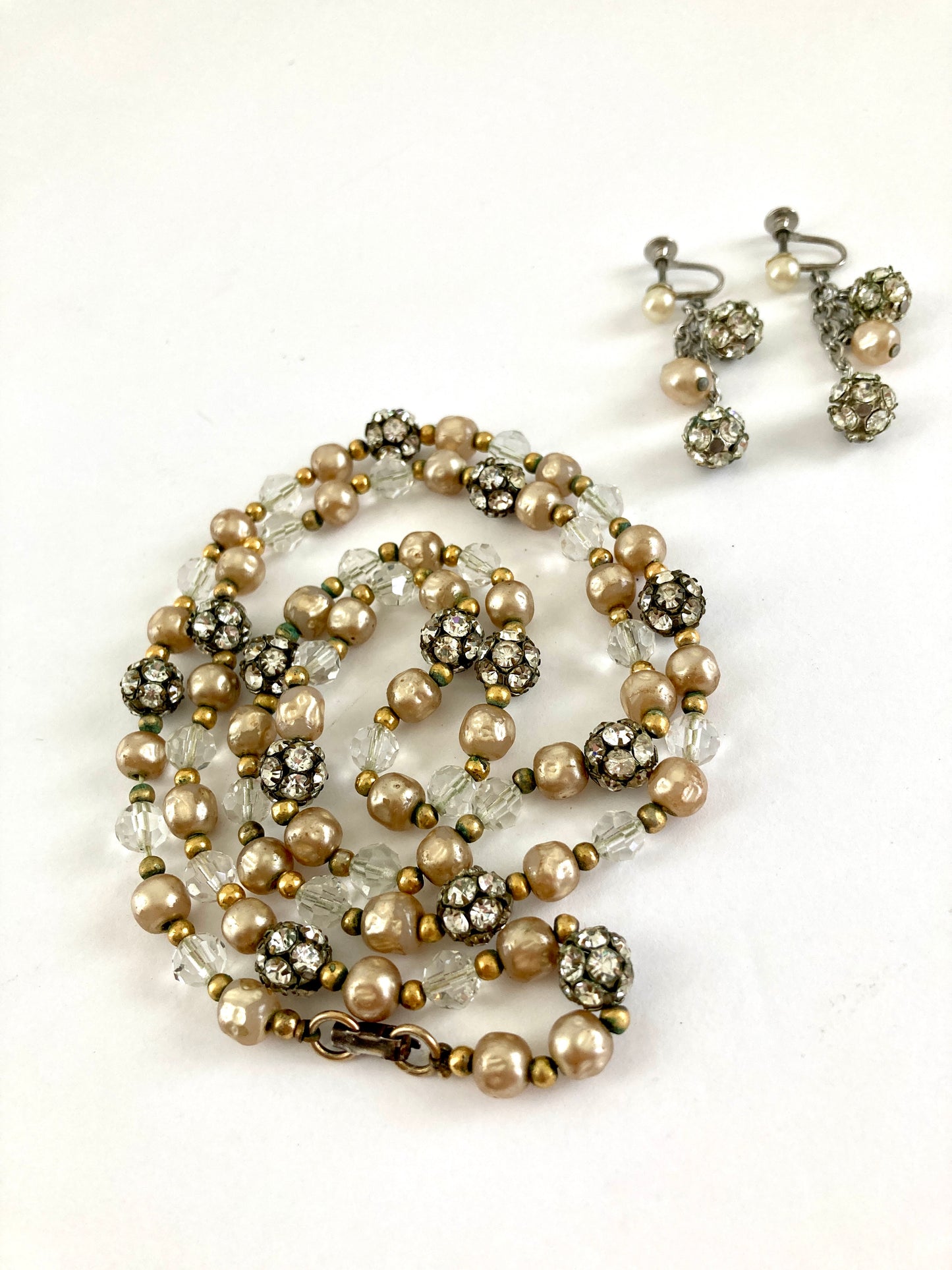 Vintage Elegant 60s Crystal, Rhinestone, & Pearl Necklace and Earrings