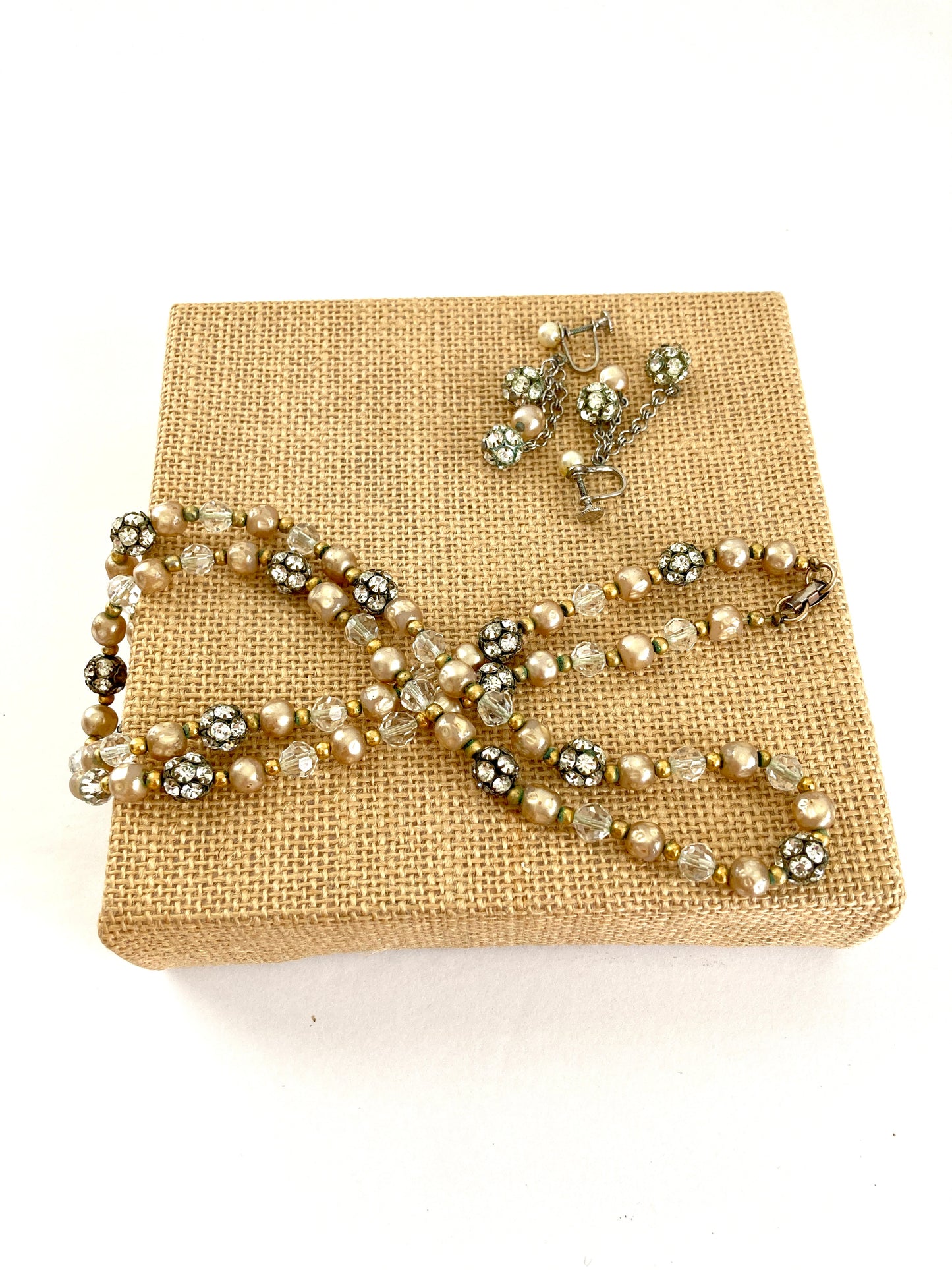 Vintage Elegant 60s Crystal, Rhinestone, & Pearl Necklace and Earrings