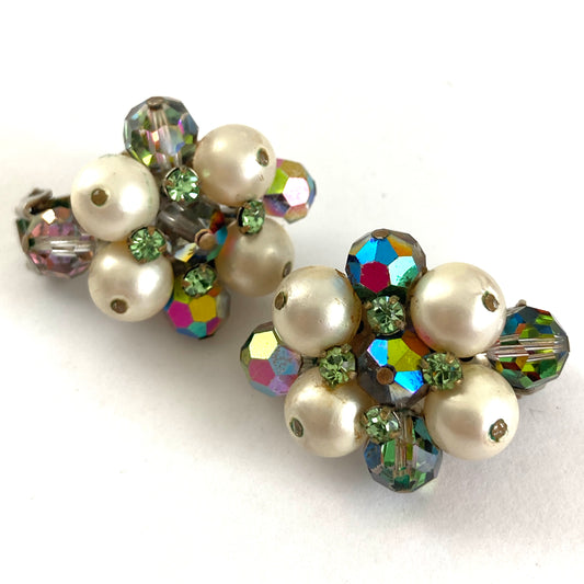 Hobé Faux Pearl and Rainbow Crystal Earrings