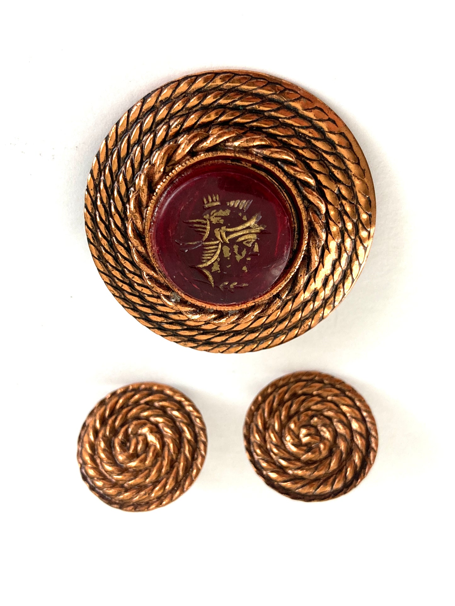 Braided Copper Brooch and Earrings Set with Intaglio
