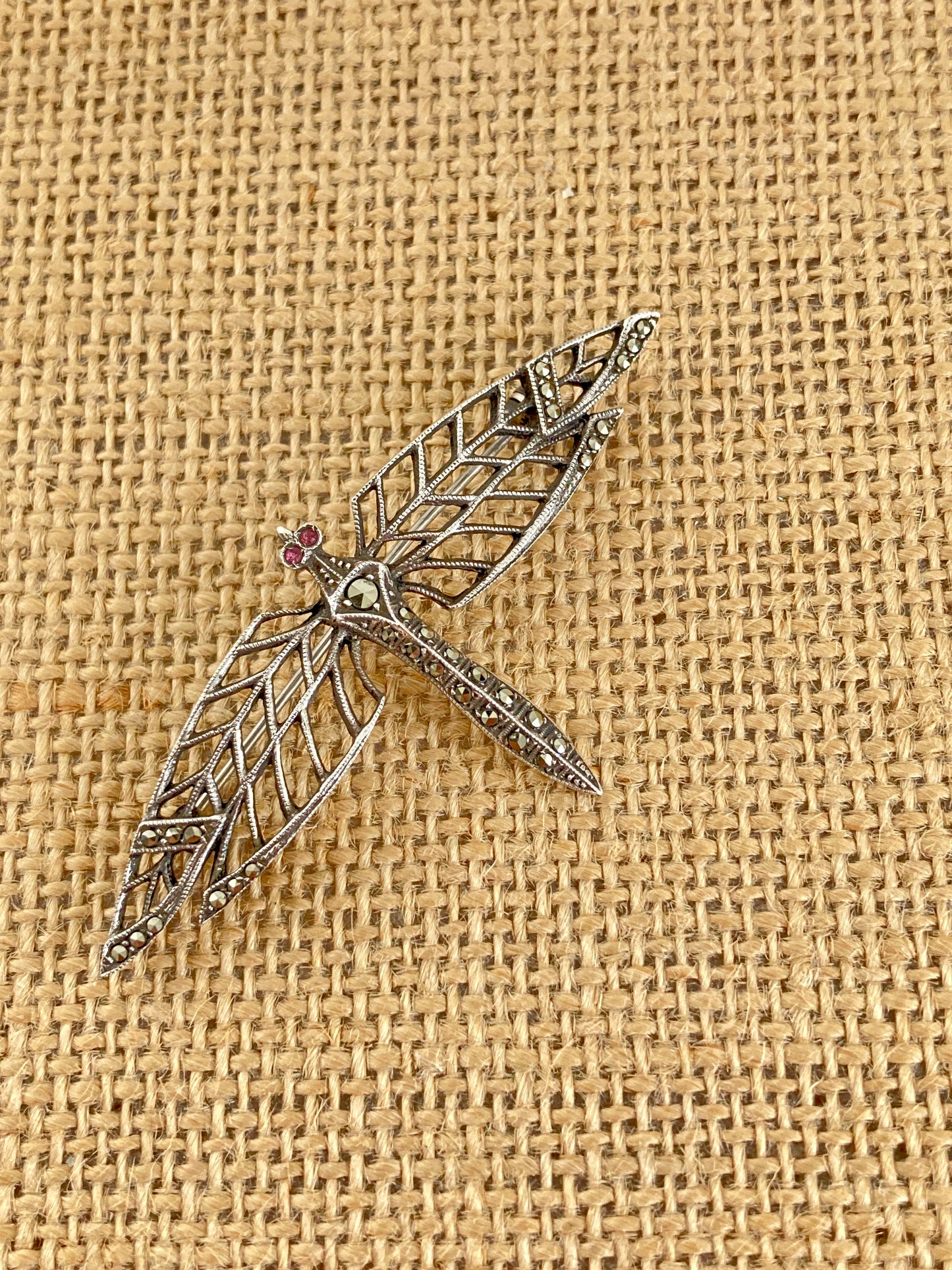 Sterling Silver Dragonfly Brooch w/Marcasite and Ruby Eyes