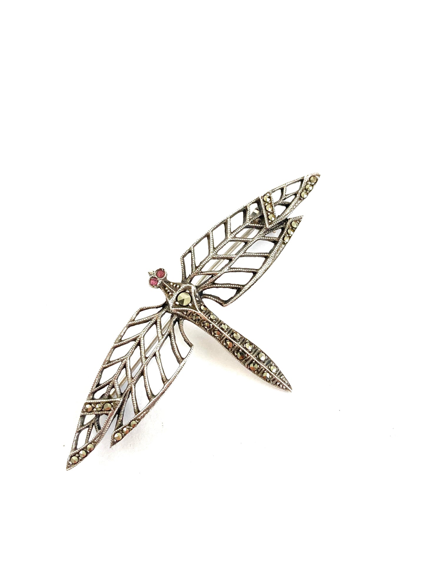 Sterling Silver Dragonfly Brooch w/Marcasite and Ruby Eyes