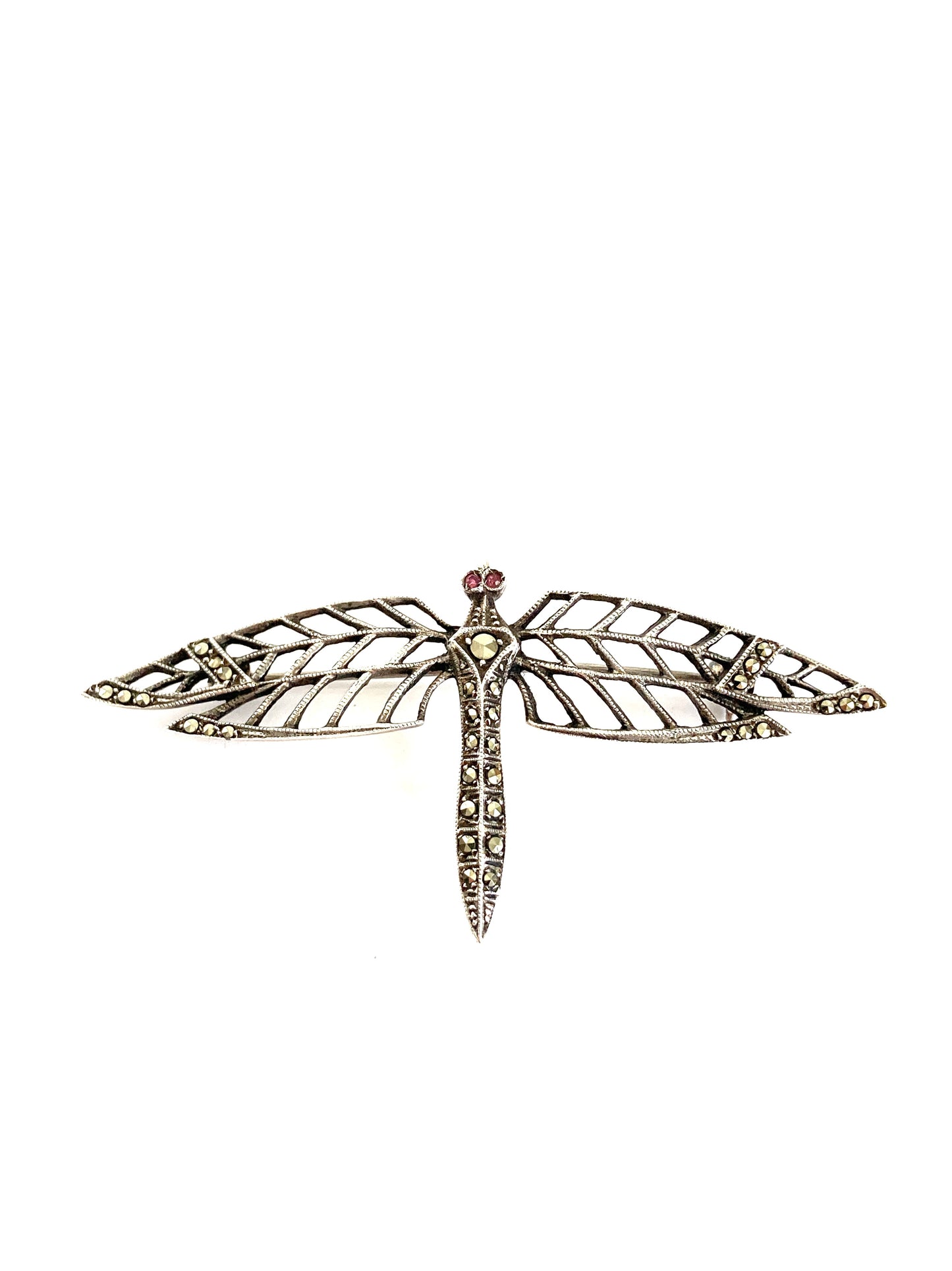 Sterling Silver Dragonfly Brooch w/Marcasite and Ruby Eyes