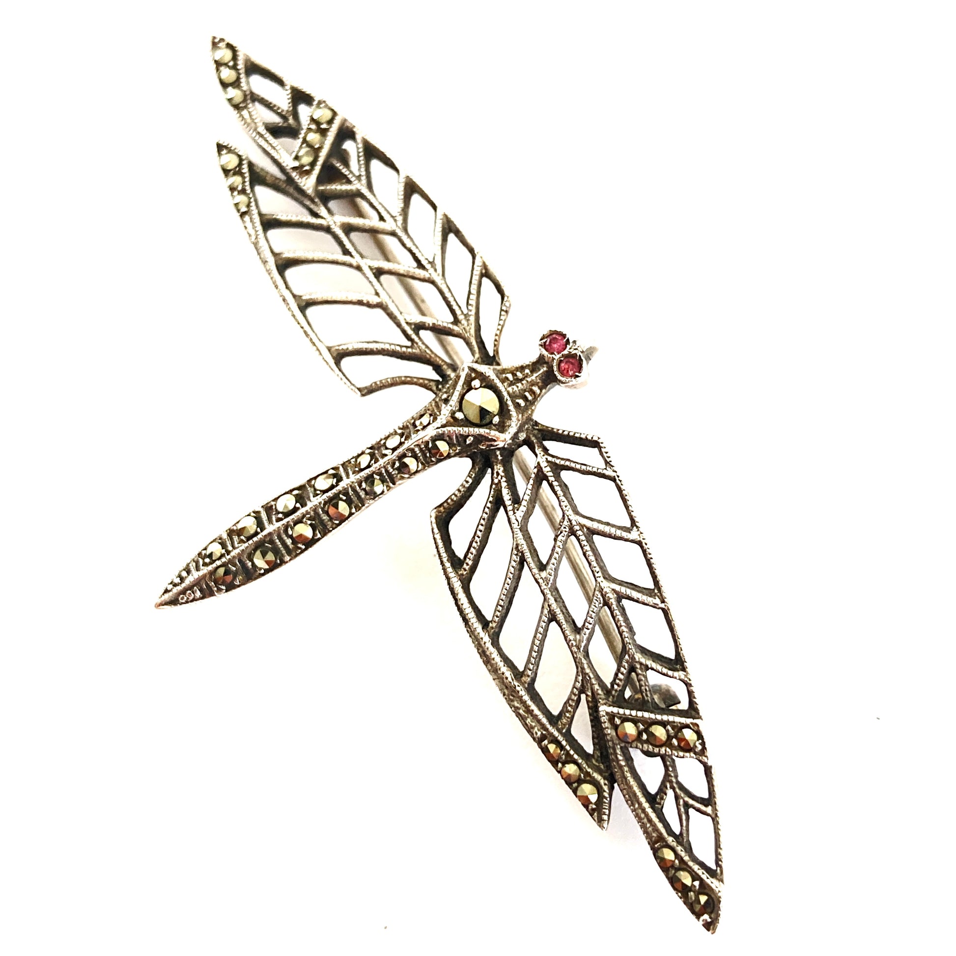 Sterling Silver Dragonfly Brooch w/Marcasite and Ruby Eyes