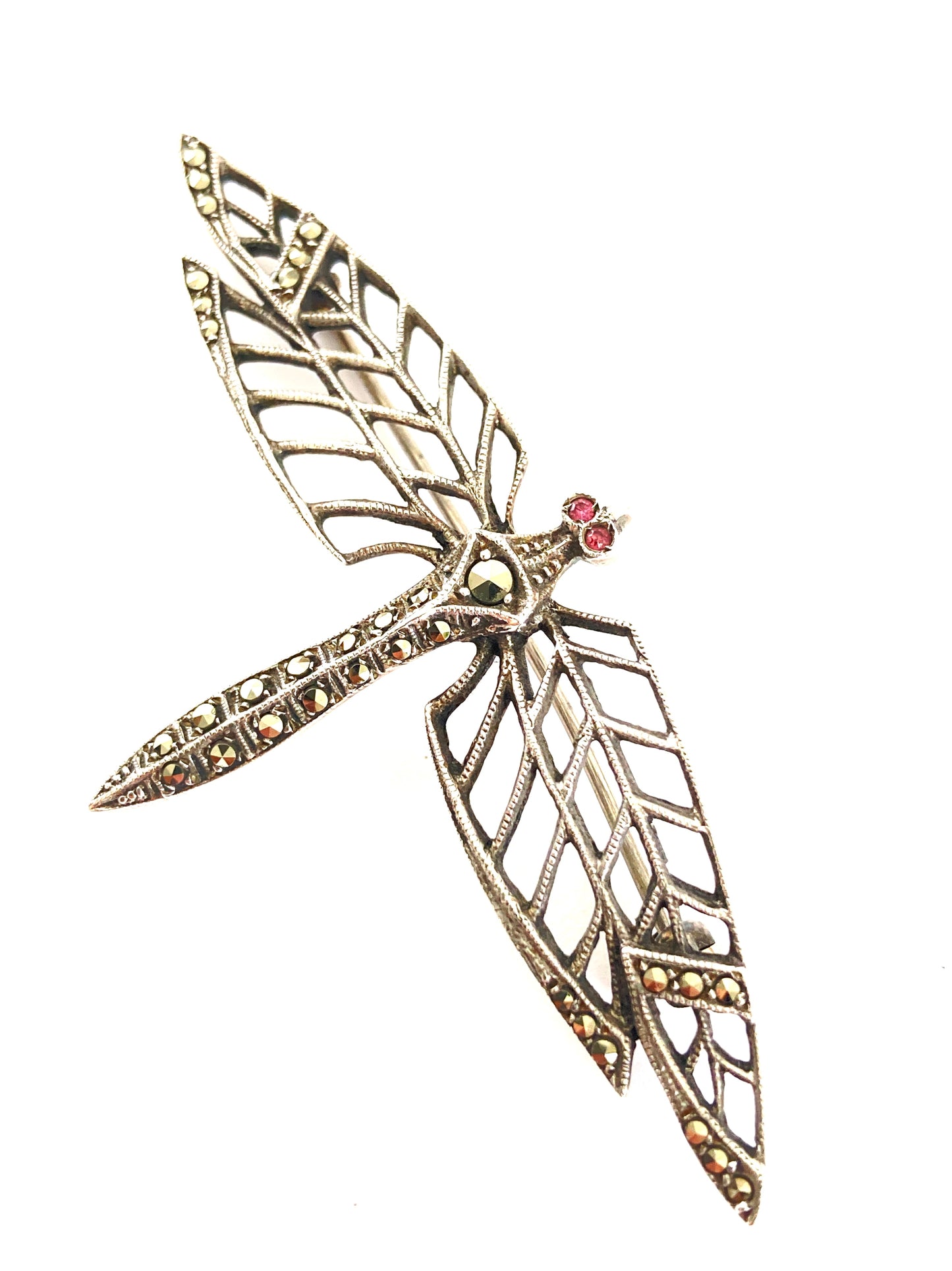 Sterling Silver Dragonfly Brooch w/Marcasite and Ruby Eyes