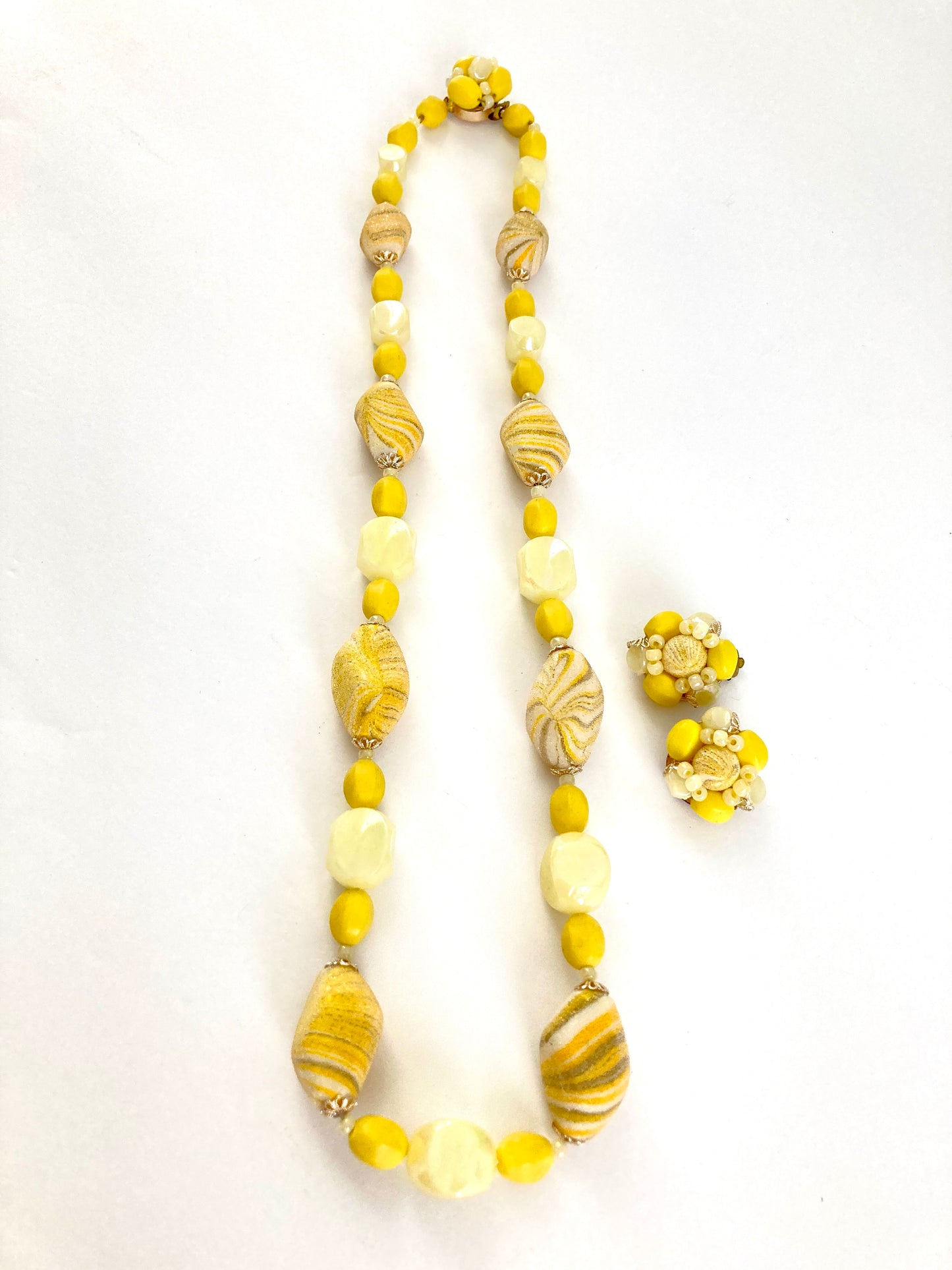 Lemon Yellow Beaded Necklace and Earrings Set 1960s West Germany