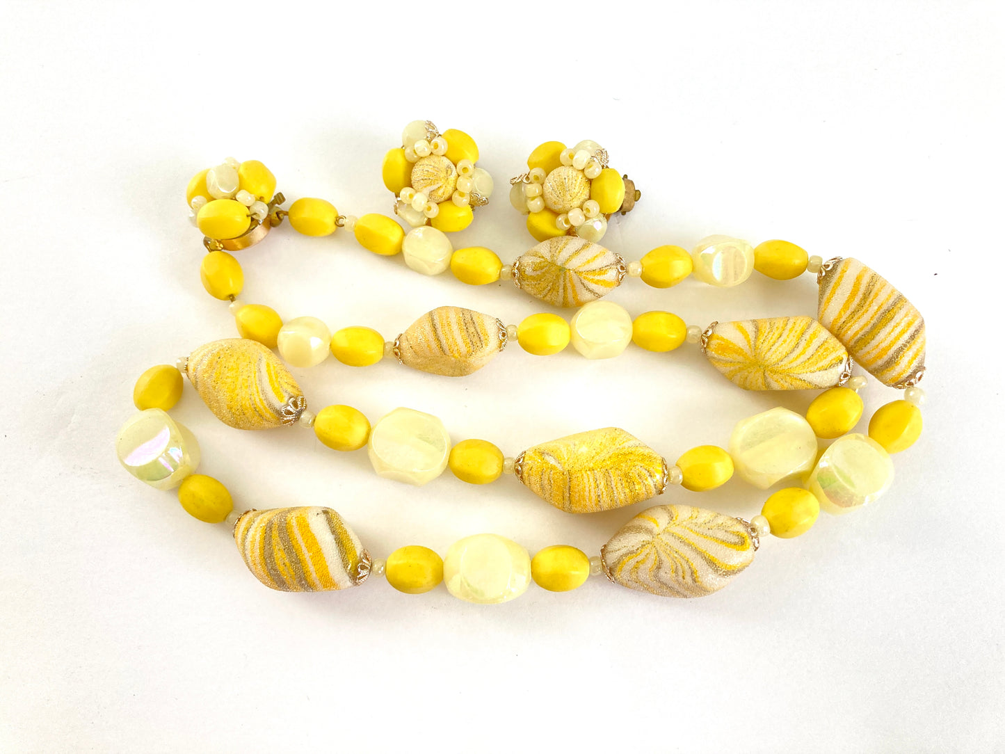 Lemon Yellow Beaded Necklace and Earrings Set 1960s West Germany