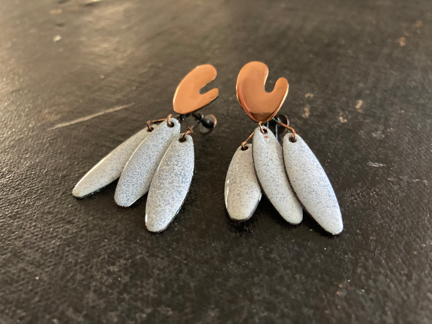 Copper Enamel Speckled White Dangle Earrings